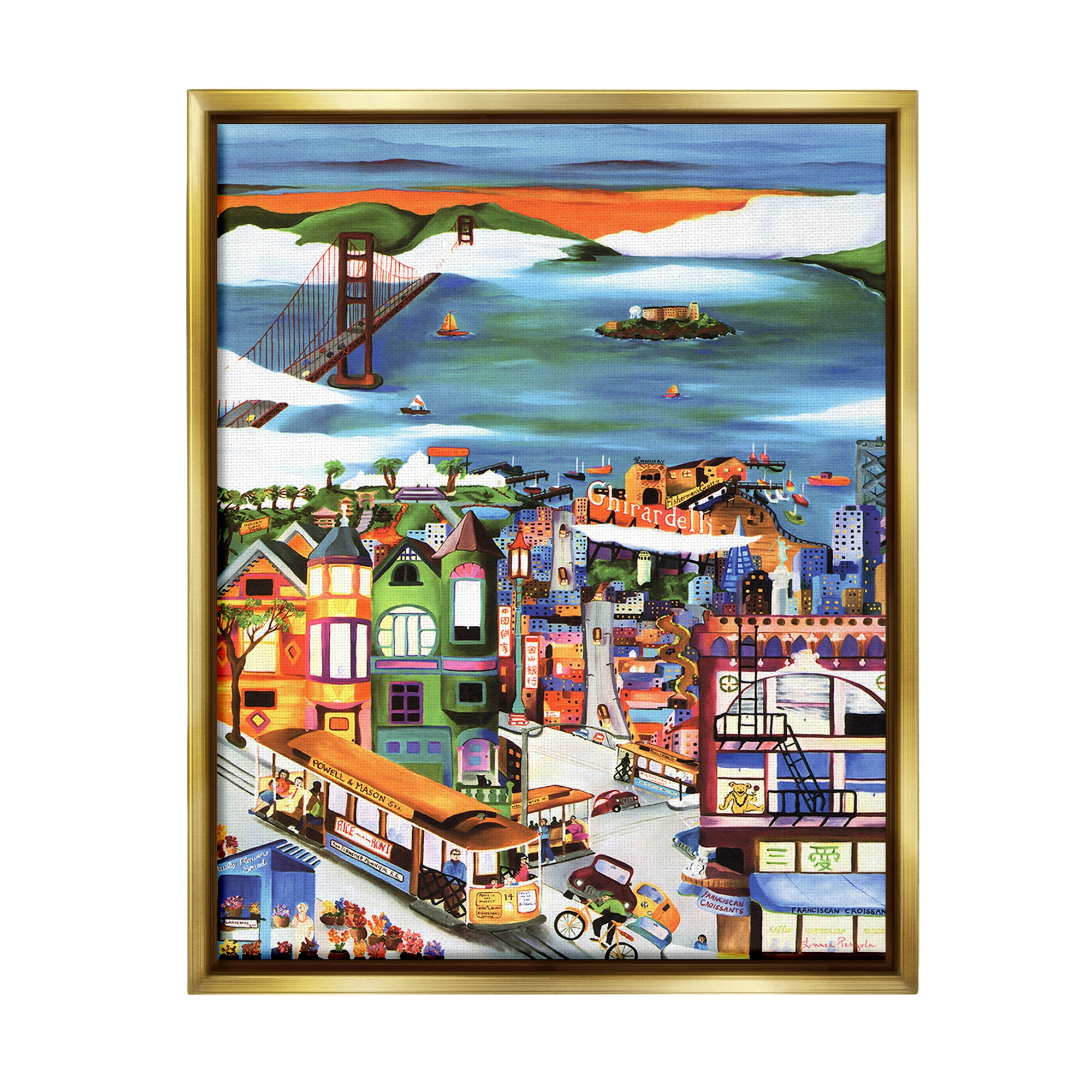 Stupell Industries Bustling Seaside Town Landscape Painting Gold Floater Framed Canvas Art Print Wall Art, 25 x 31