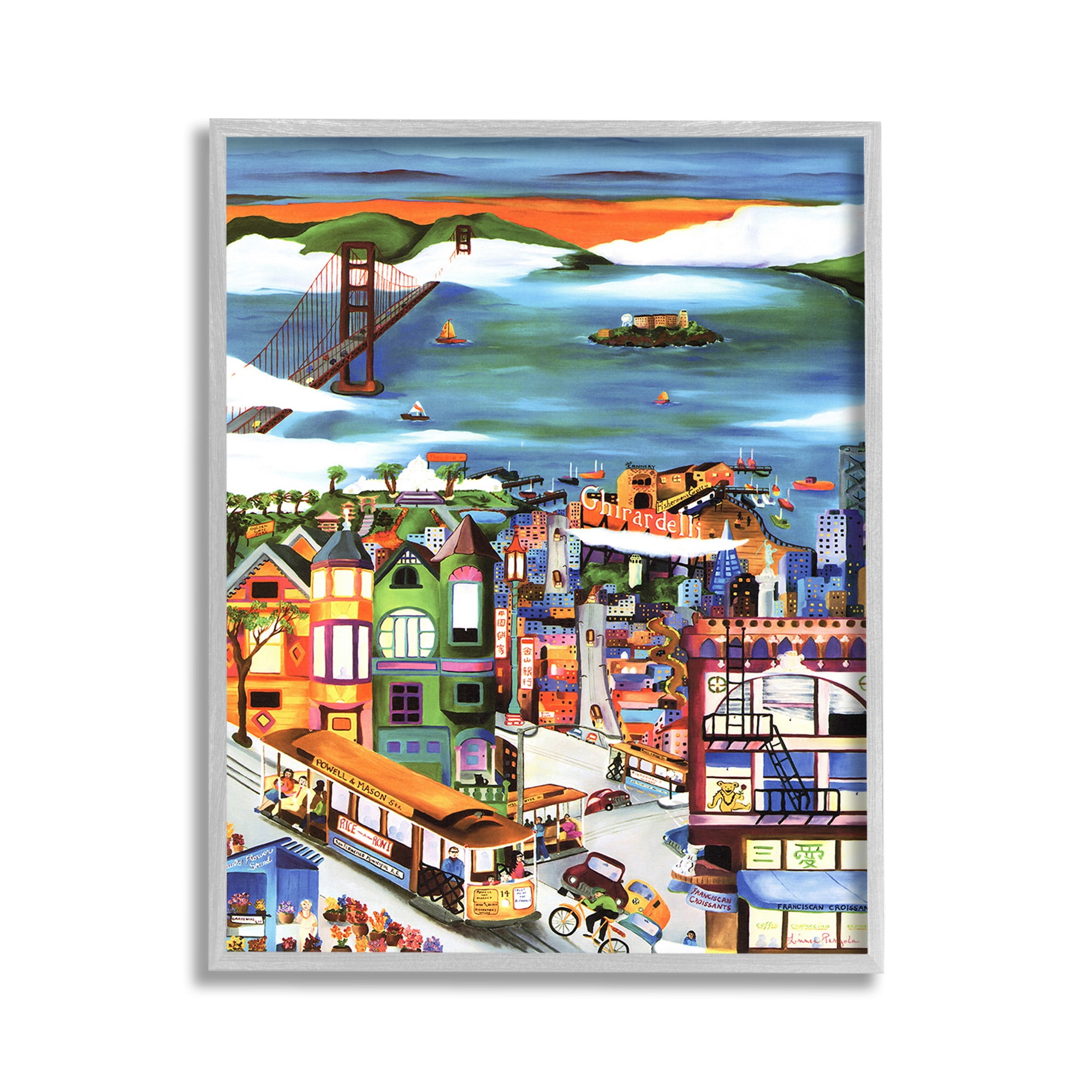 Stupell Industries Bustling Seaside Town Landscape Painting Gray Framed Art Print Wall Art, 11 x 14