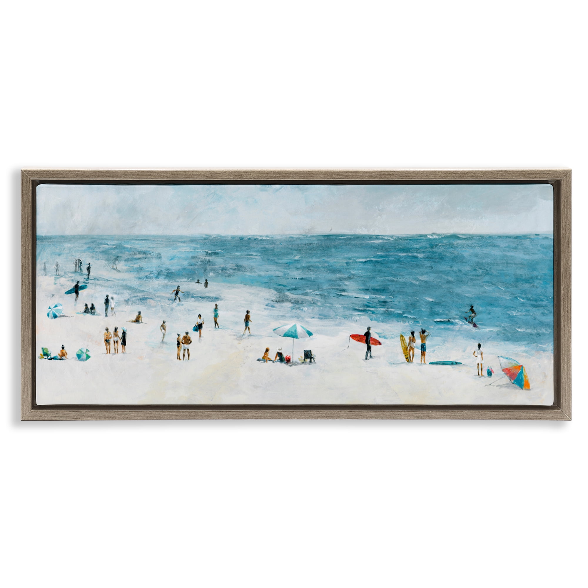 Stupell Industries Busy Beach Coastal Scene Brown Framed Floater Canvas Wall Art, design by Lorenzo Collective