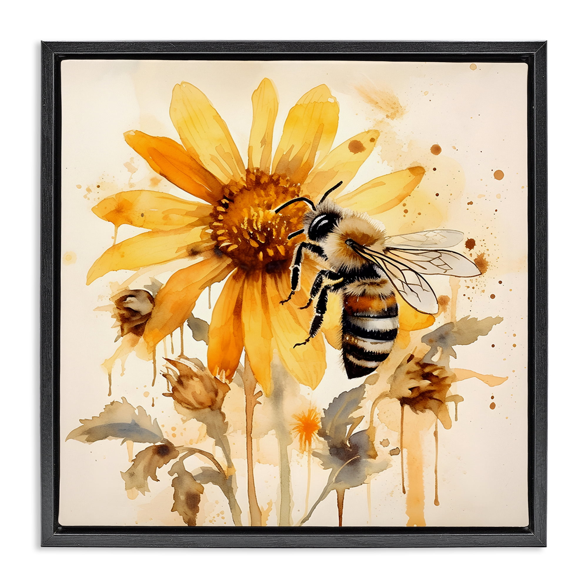 Stupell Industries Busy Bee with Flower Animals & Insects Painting Black Floater Framed Canvas Art Print Wall Art, 25 x 25