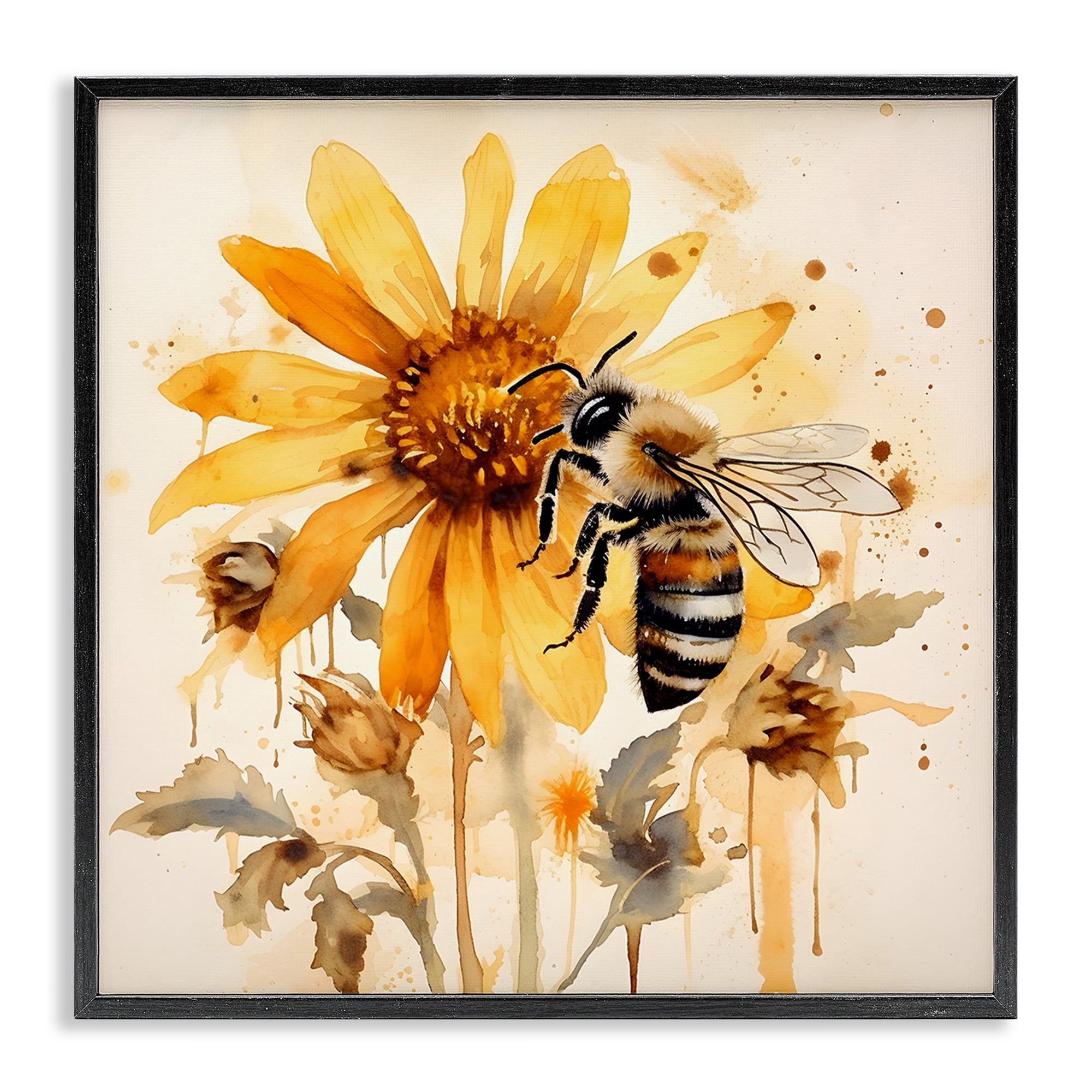 Stupell Industries Busy Bee with Flower Animals & Insects Painting Black Framed Art Print Wall Art, 24 x 24