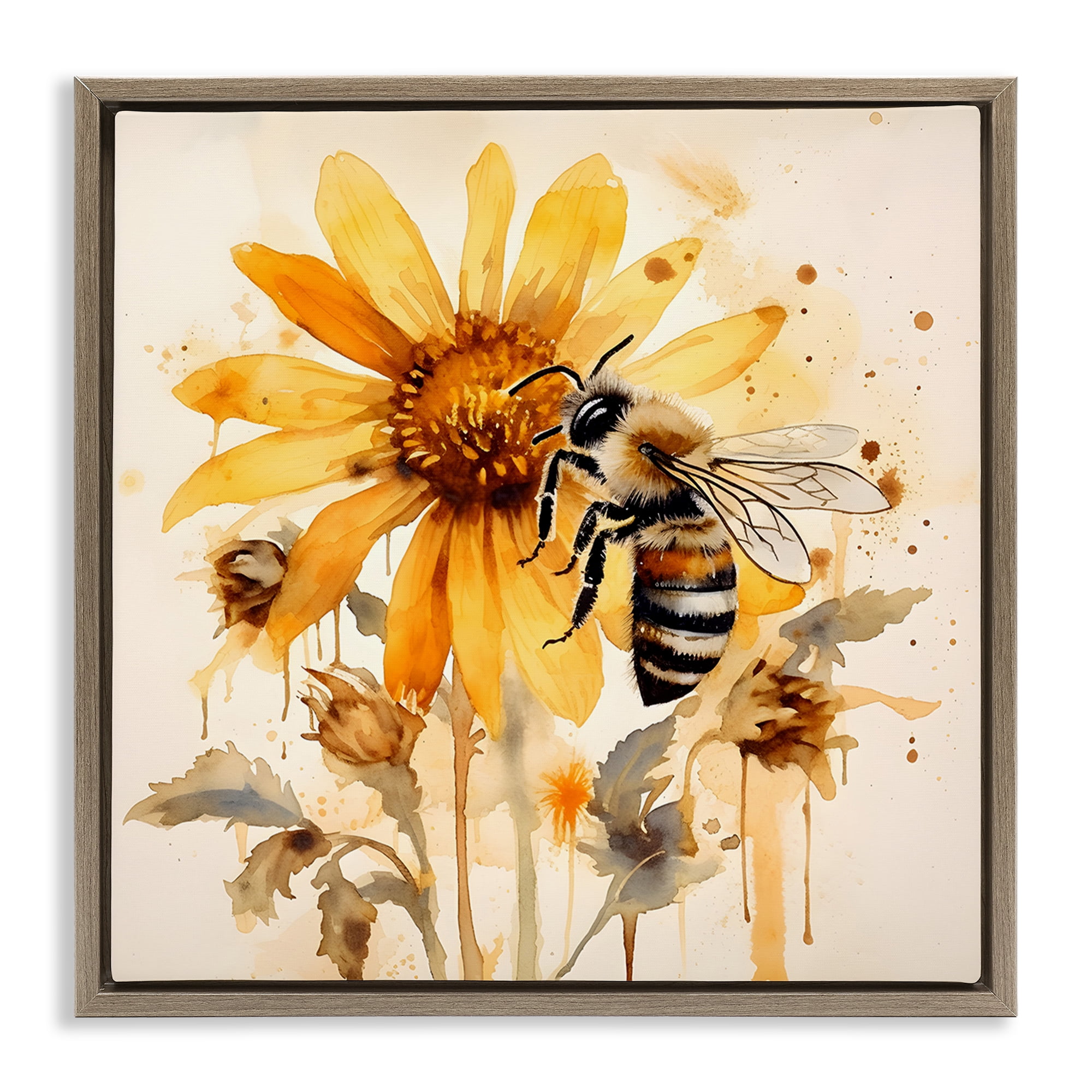Stupell Industries Busy Bee with Flower Animals & Insects Painting Brown Floater Framed Canvas Art Print Wall Art, 25 x 25