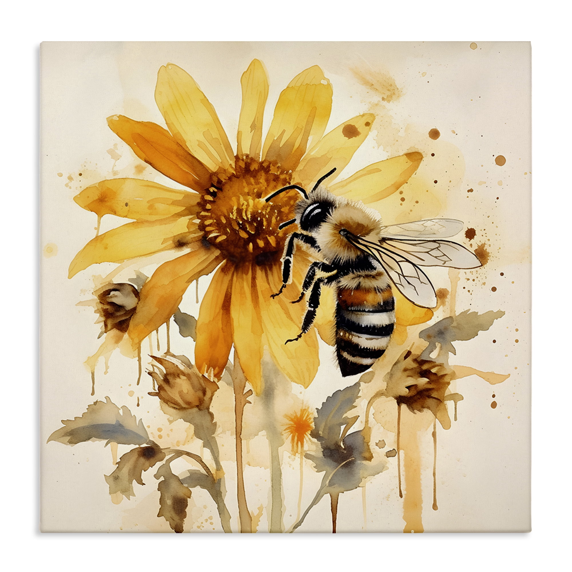Stupell Industries Busy Bee with Flower Animals & Insects Painting Gallery Wrapped Canvas Art Print Wall Art, 24 x 24