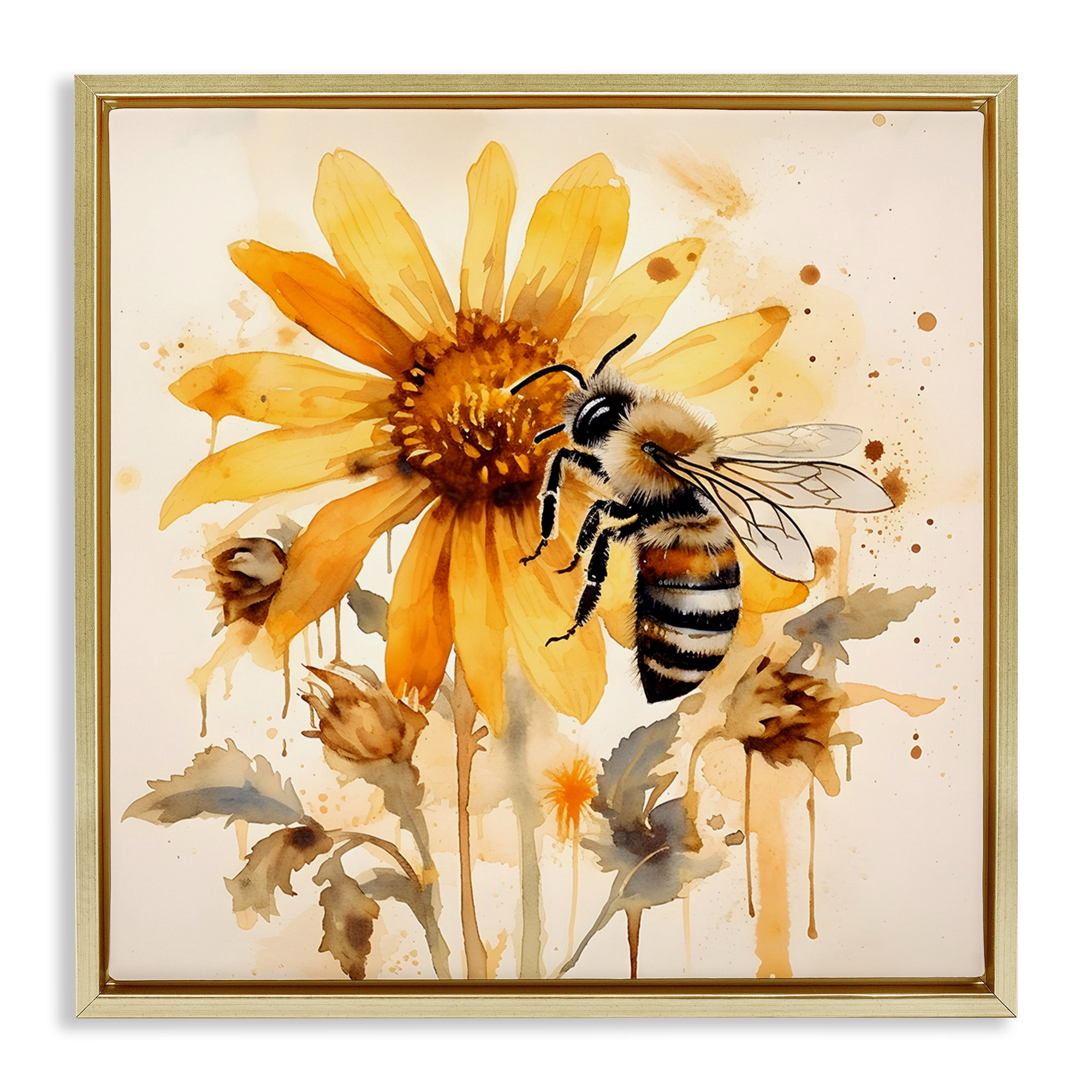 Stupell Industries Busy Bee with Flower Animals & Insects Painting Gold Floater Framed Canvas Art Print Wall Art, 25 x 25