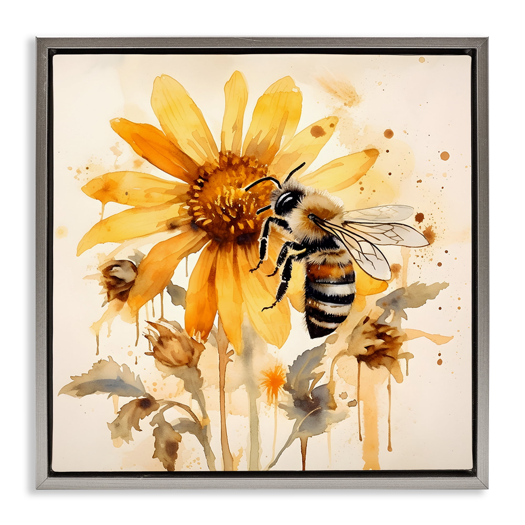 Stupell Industries Busy Bee with Flower Animals & Insects Painting Gray Floater Framed Canvas Art Print Wall Art, 25 x 25
