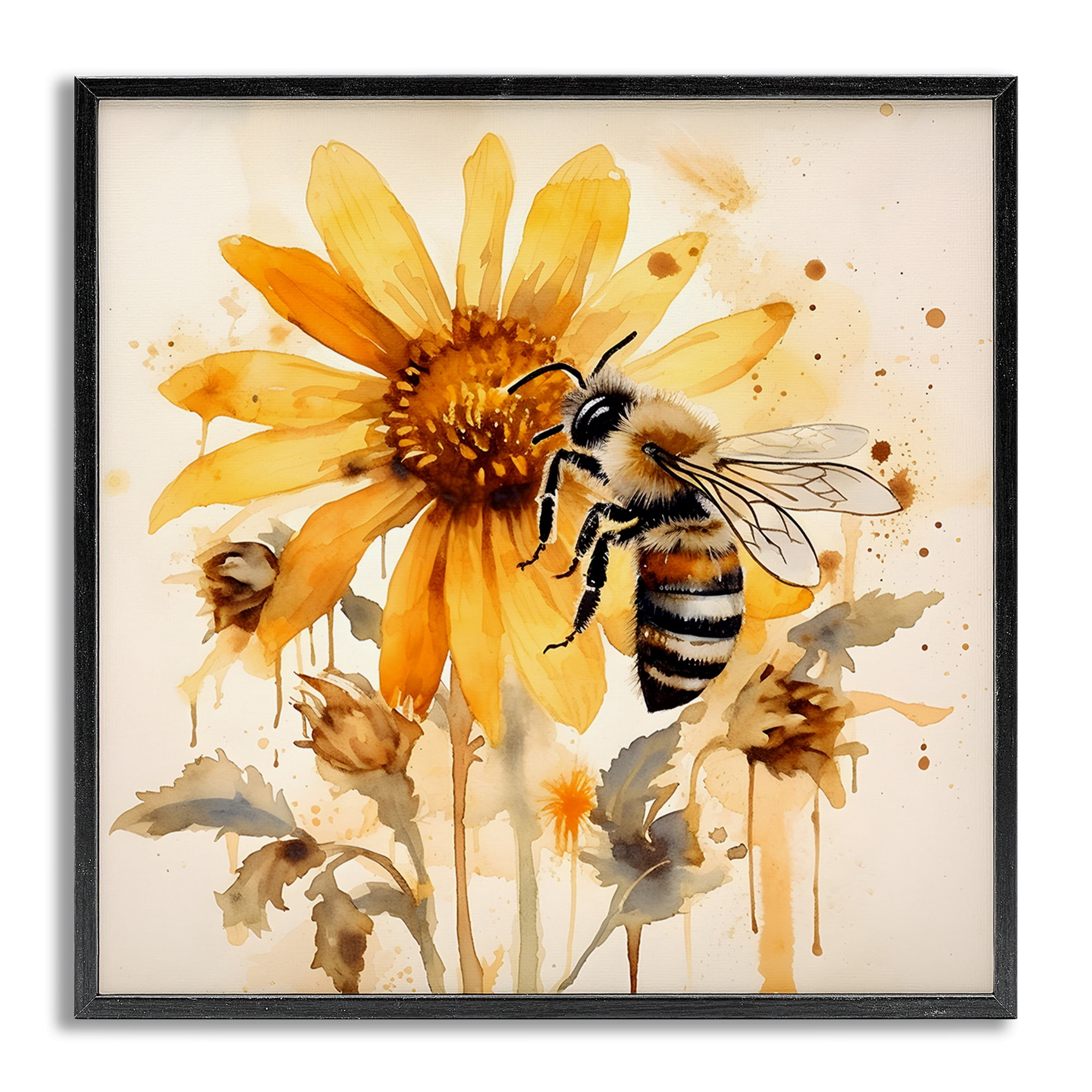 Stupell Industries Busy Bee with Flower Animals & Insects Painting Gray Framed Art Print Wall Art, 24 x 24