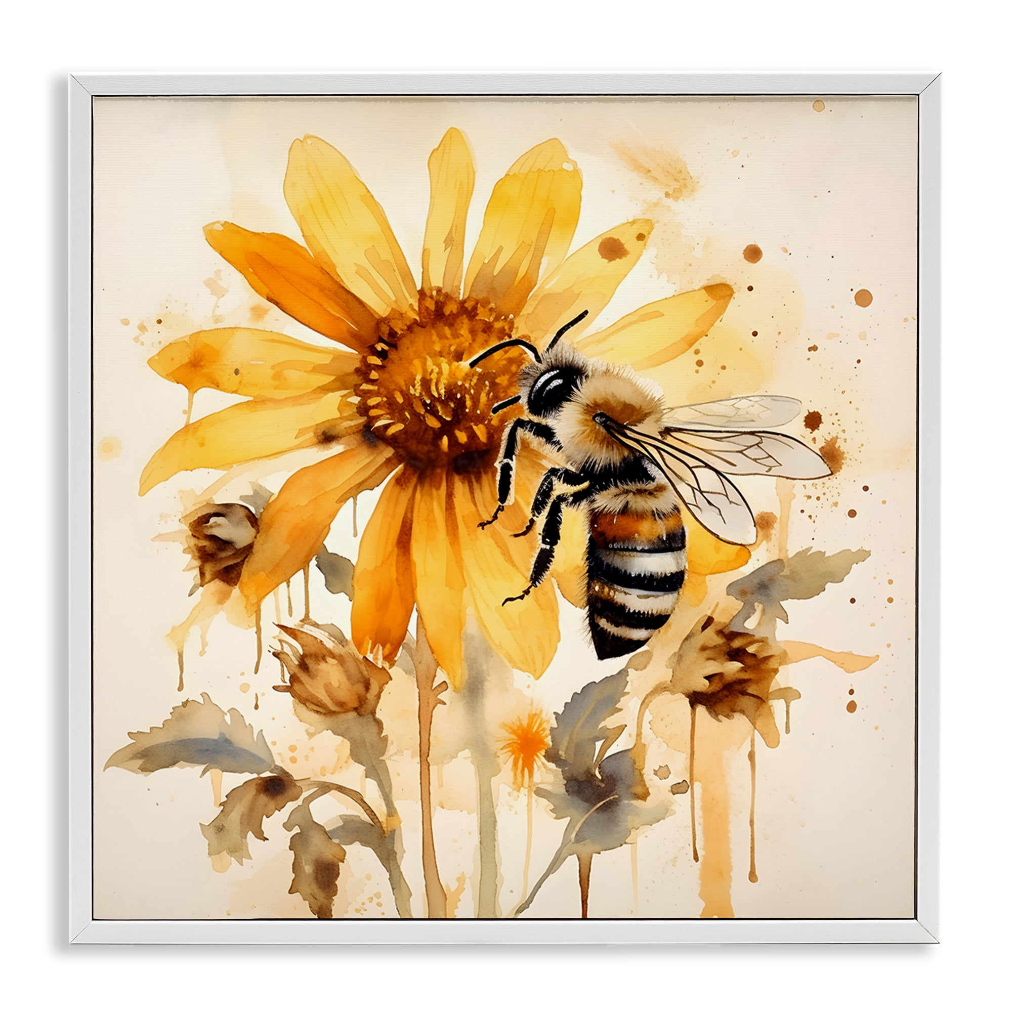 Stupell Industries Busy Bee with Flower Animals & Insects Painting White Framed Art Print Wall Art, 17 x 17