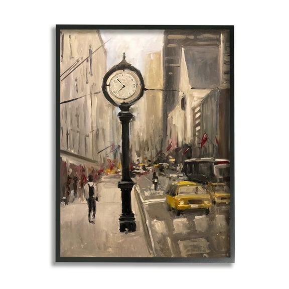 Stupell Industries Busy City Sidewalk Clock Urban Architecture Industrial Painting Black framed Art Print Wall Art, 11 x 14, Design by Allayn Stevens