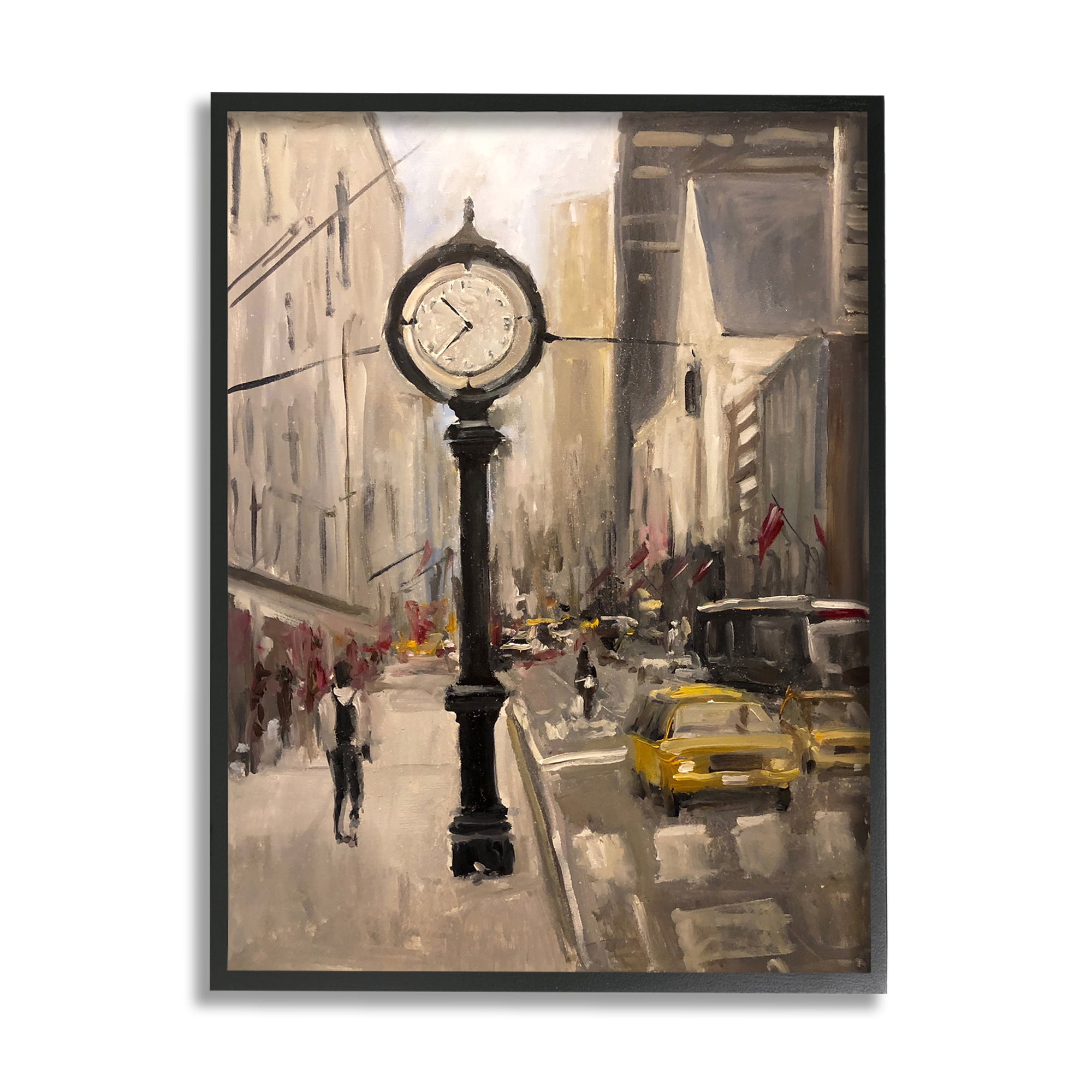 Stupell Industries Busy City Sidewalk Clock Urban Architecture Industrial Painting Black framed Art Print Wall Art, 16 x 20, Design by Allayn Stevens