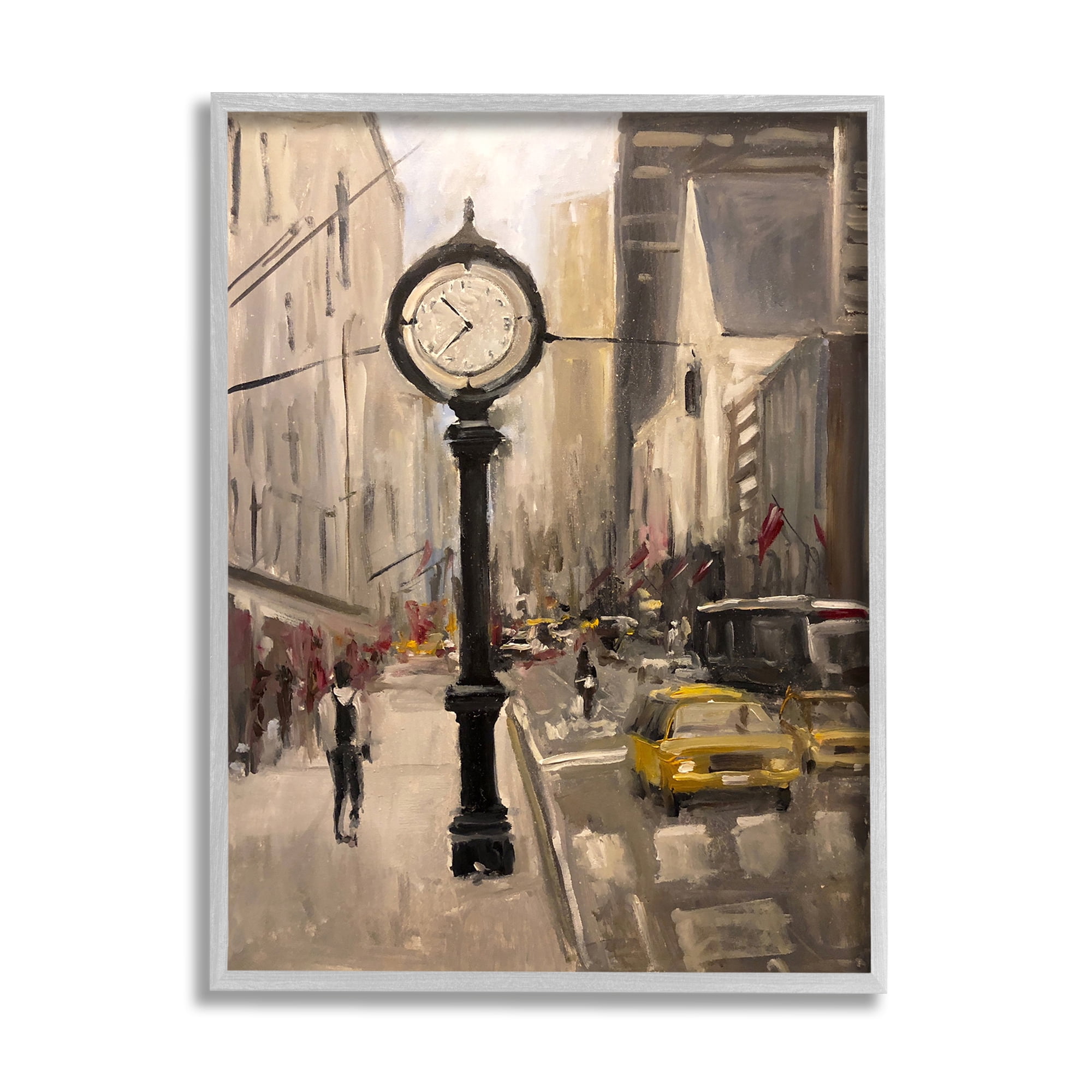 Stupell Industries Busy City Sidewalk Clock Urban Architecture Industrial Painting Gray framed Art Print Wall Art, 24 x 30, Design by Allayn Stevens