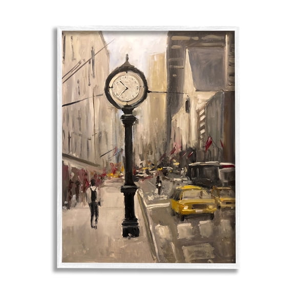 Stupell Industries Busy City Sidewalk Clock Urban Architecture Industrial Painting White framed Art Print Wall Art, 11 x 14, Design by Allayn Stevens