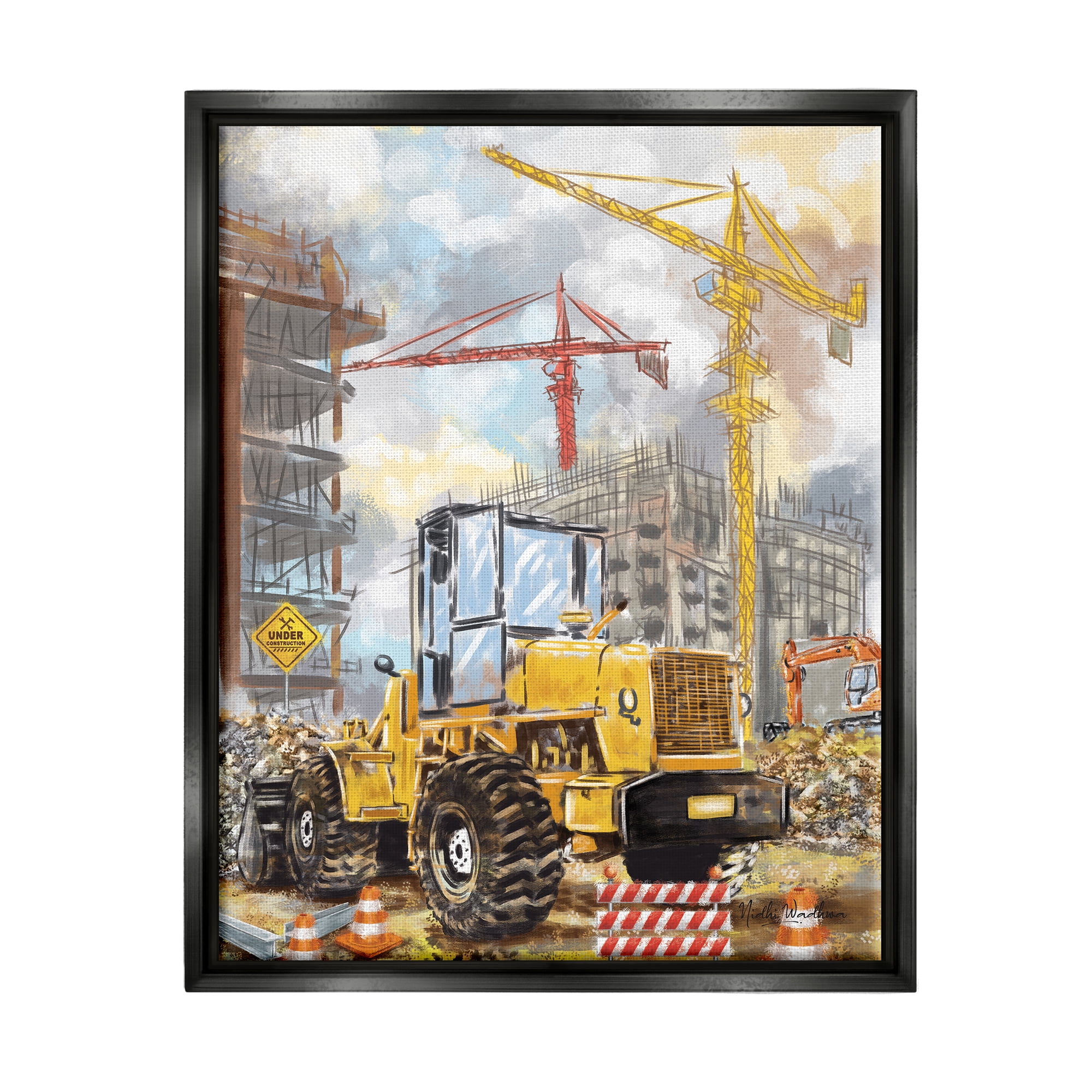 Stupell Industries Busy Construction Site Transportation Painting Black Floater Framed Canvas Art Print Wall Art, 25 x 31