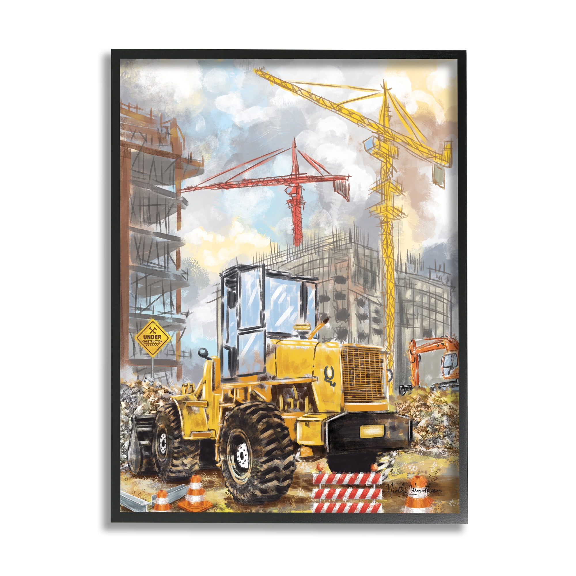 Stupell Industries Busy Construction Site Transportation Painting Black Framed Art Print Wall Art, 24 x 30