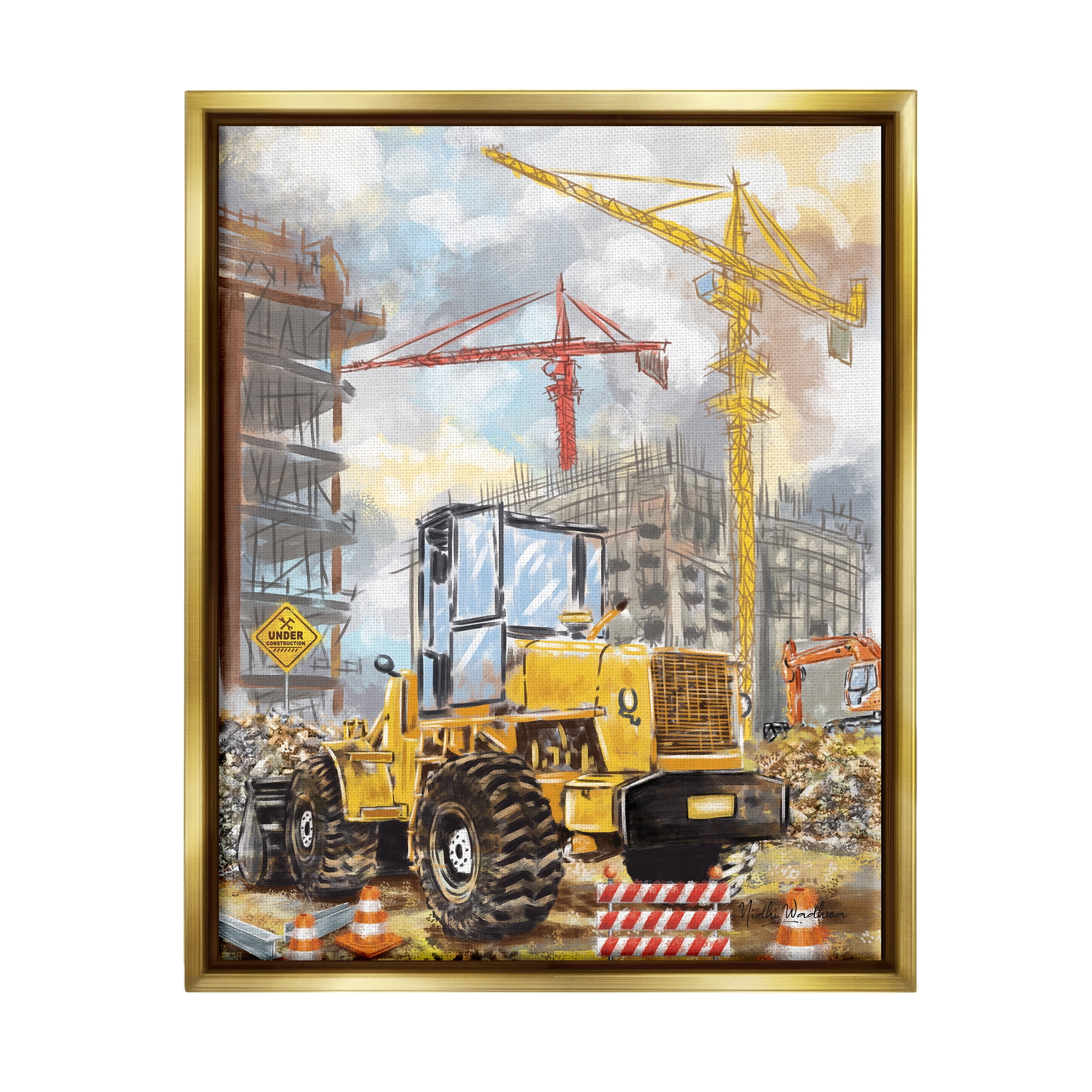 Stupell Industries Busy Construction Site Transportation Painting Gold Floater Framed Canvas Art Print Wall Art, 25 x 31
