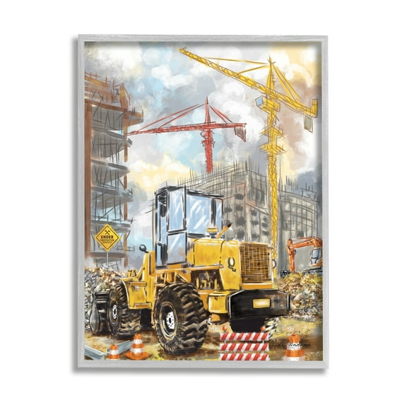 Stupell Industries Busy Construction Site Transportation Painting Gray Framed Art Print Wall Art, 24 x 30