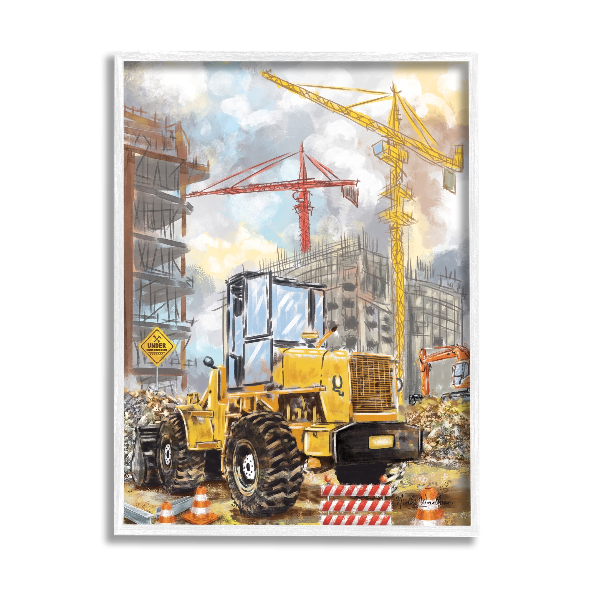Stupell Industries Busy Construction Site Transportation Painting White Framed Art Print Wall Art, 16 x 20