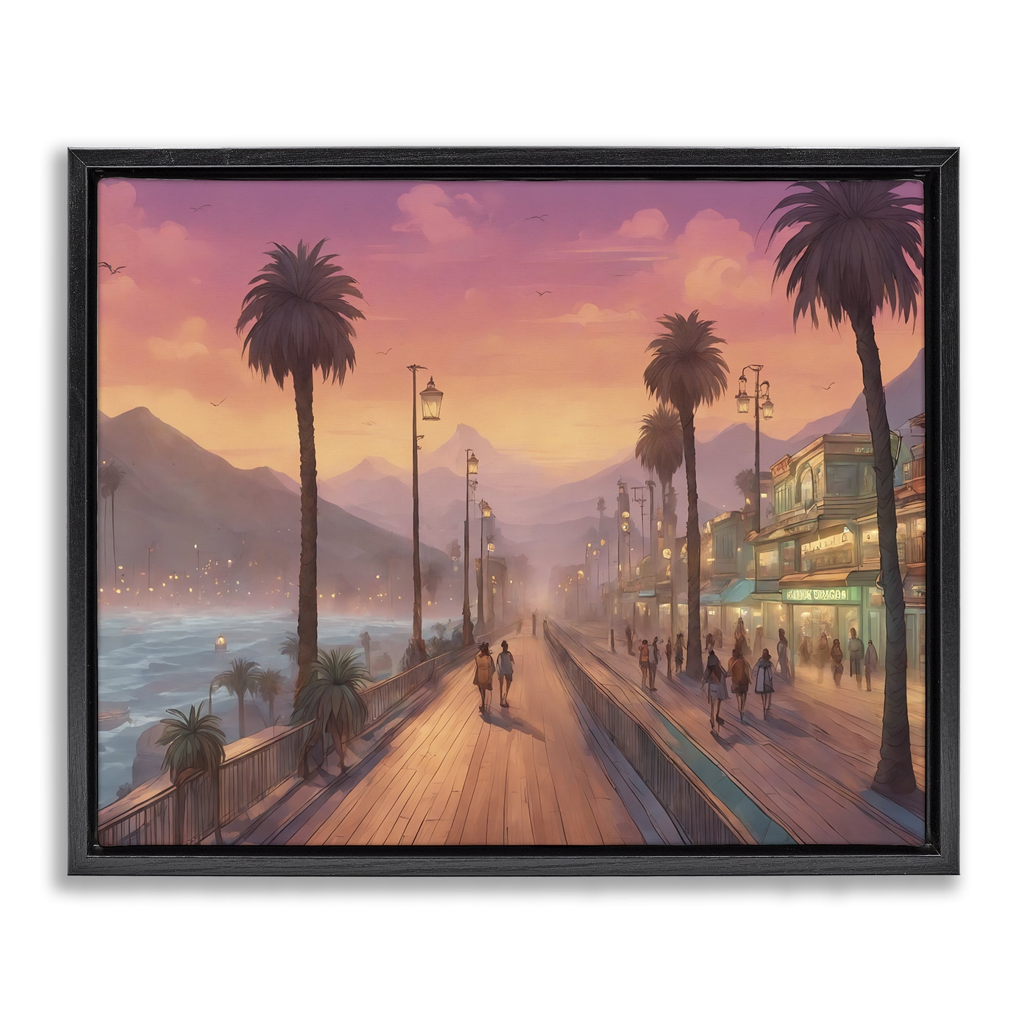 Stupell Industries Busy Tropical Boardwalk Landscape & Nature Painting Black Floater Framed Canvas Art Print Wall Art, 21 x 17