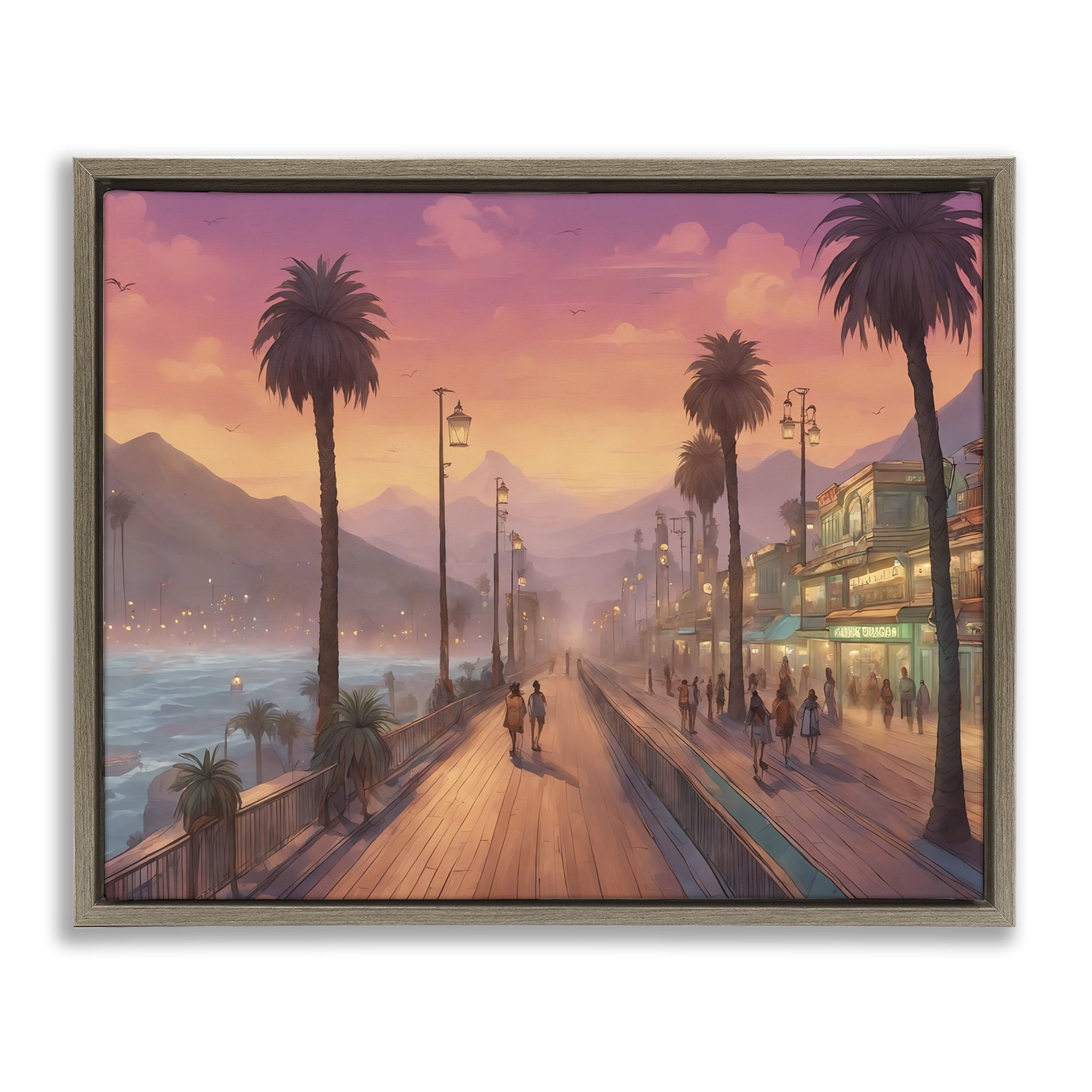 Stupell Industries Busy Tropical Boardwalk Landscape & Nature Painting Brown Floater Framed Canvas Art Print Wall Art, 31 x 25