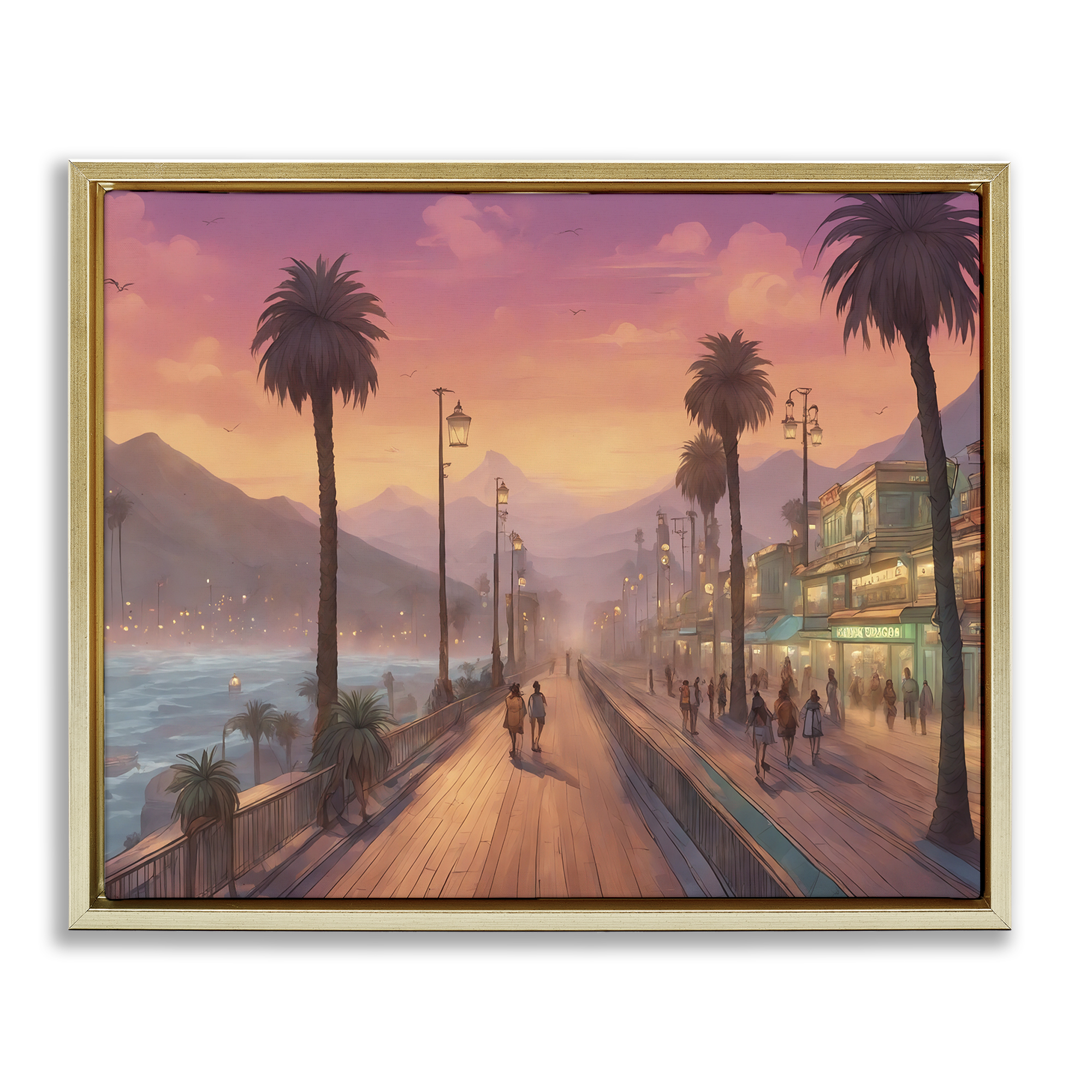 Stupell Industries Busy Tropical Boardwalk Landscape & Nature Painting Gold Floater Framed Canvas Art Print Wall Art, 21 x 17