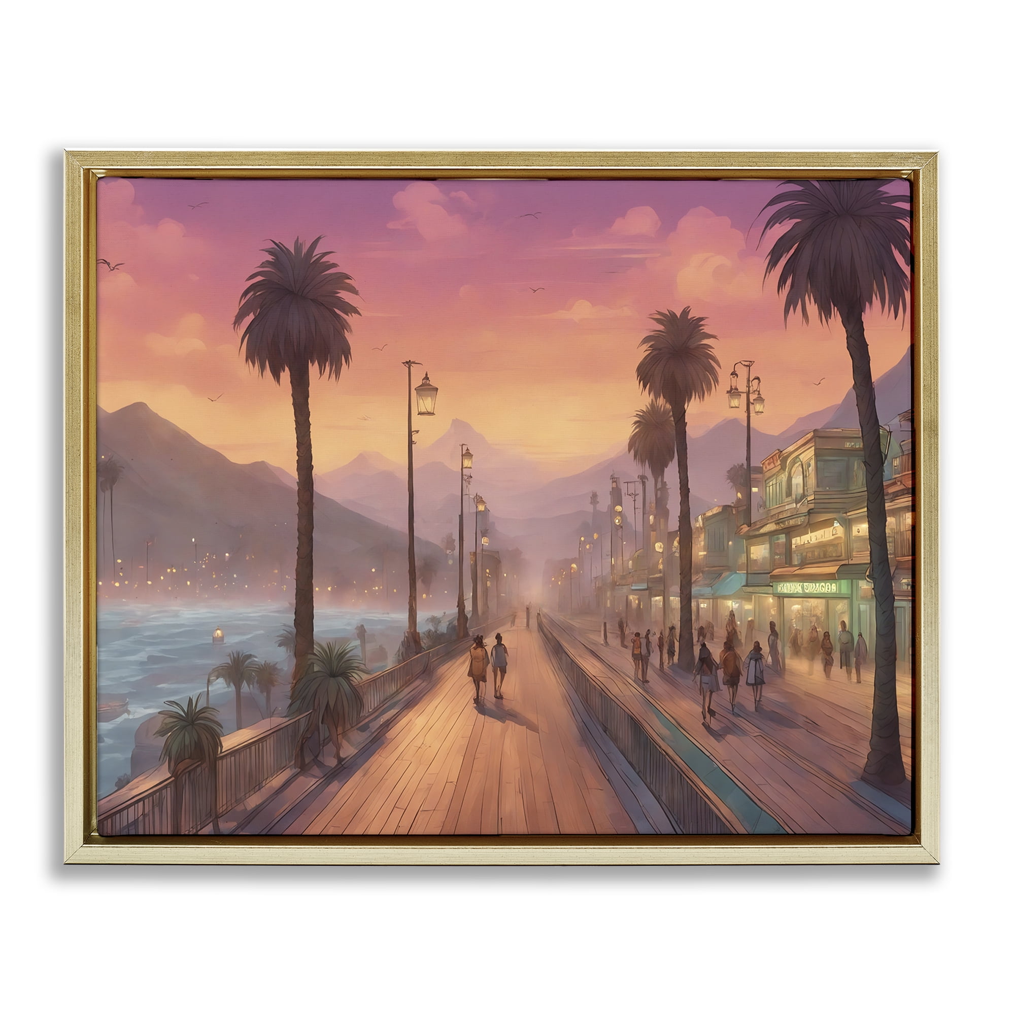 Stupell Industries Busy Tropical Boardwalk Landscape & Nature Painting Gold Floater Framed Canvas Art Print Wall Art, 31 x 25