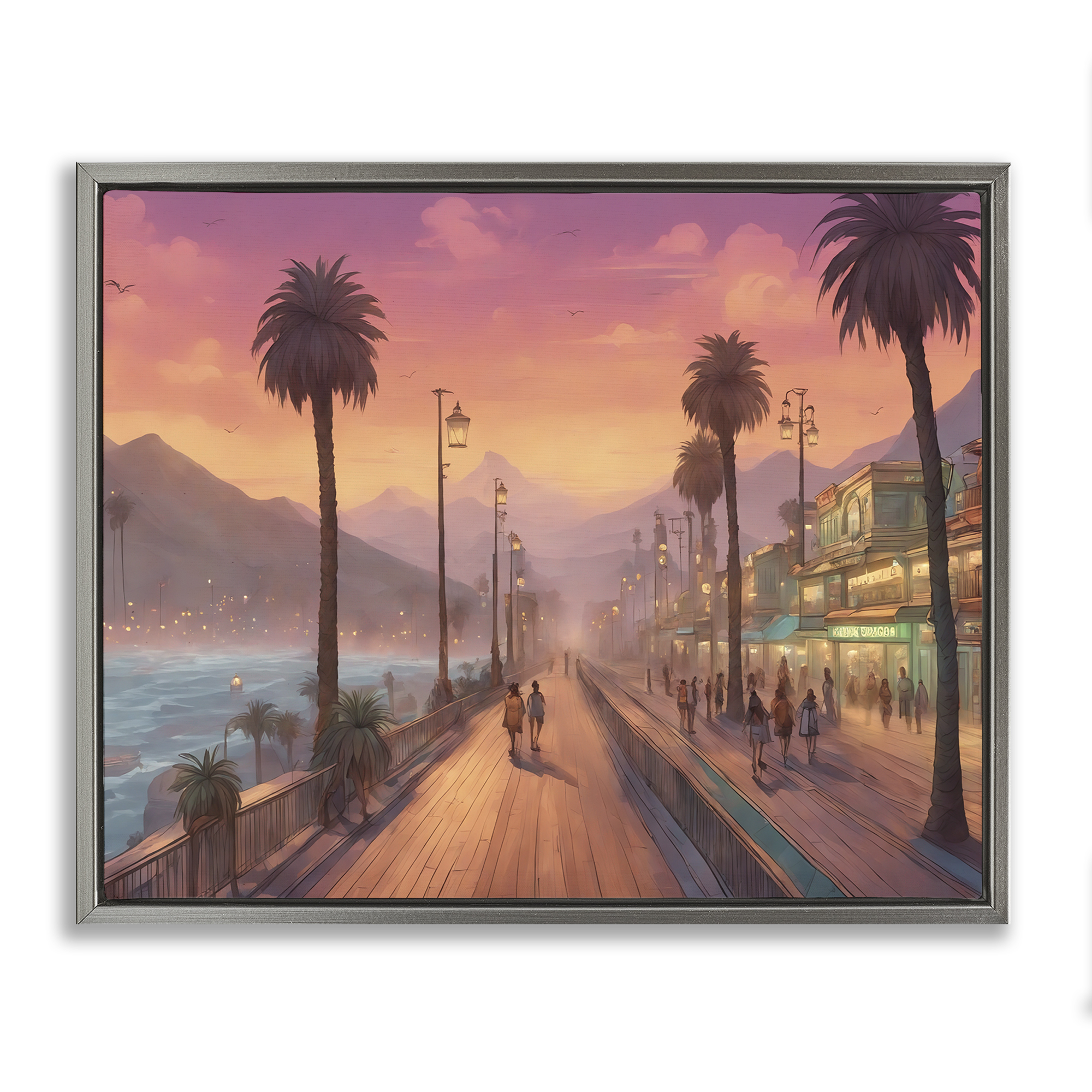 Stupell Industries Busy Tropical Boardwalk Landscape & Nature Painting Gray Floater Framed Canvas Art Print Wall Art, 21 x 17