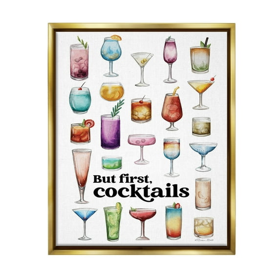 Stupell Industries But First Cocktails Food & Beverage Painting Gold Floater Framed Canvas Art Print Wall Art, 17 x 21
