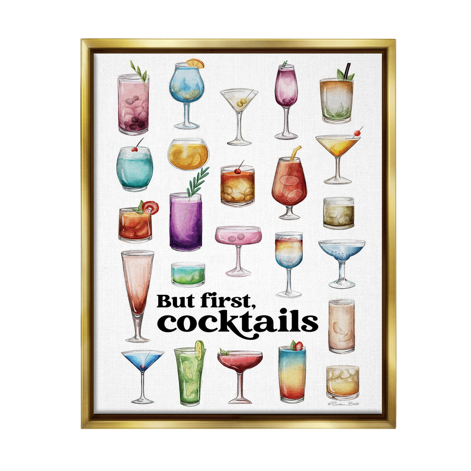 Stupell Industries But First Cocktails Food & Beverage Painting Gold Floater Framed Canvas Art Print Wall Art, 25 x 31