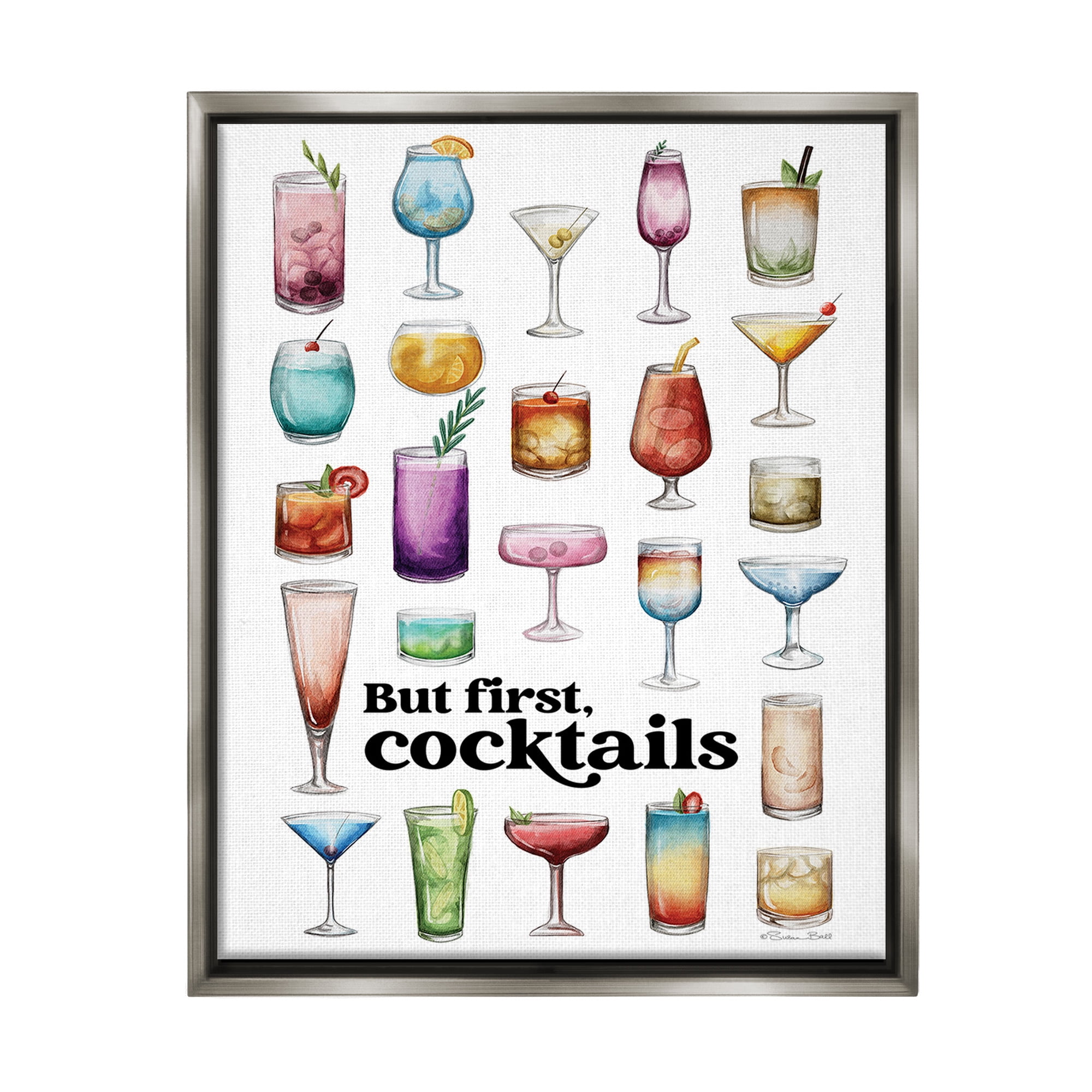 Stupell Industries But First Cocktails Food & Beverage Painting Gray Floater Framed Canvas Art Print Wall Art, 17 x 21