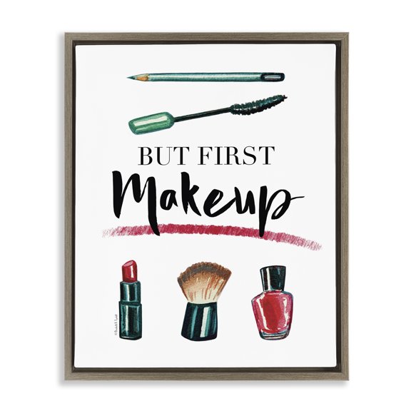 Stupell Industries But First Makeup Beauty & Fashion Painting Brown Floater Framed Art Print Wall Art, 17 x 21