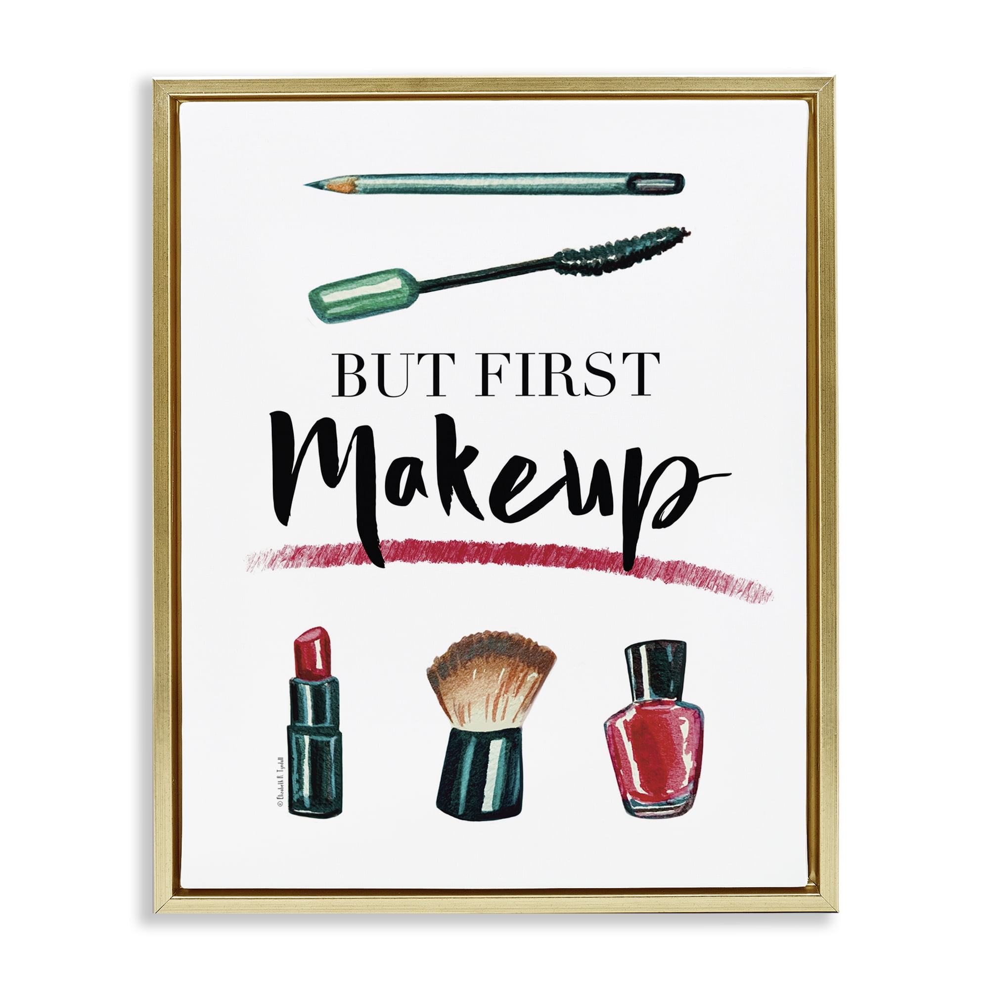 Stupell Industries But First Makeup Beauty & Fashion Painting Gold Floater Framed Art Print Wall Art, 17 x 21