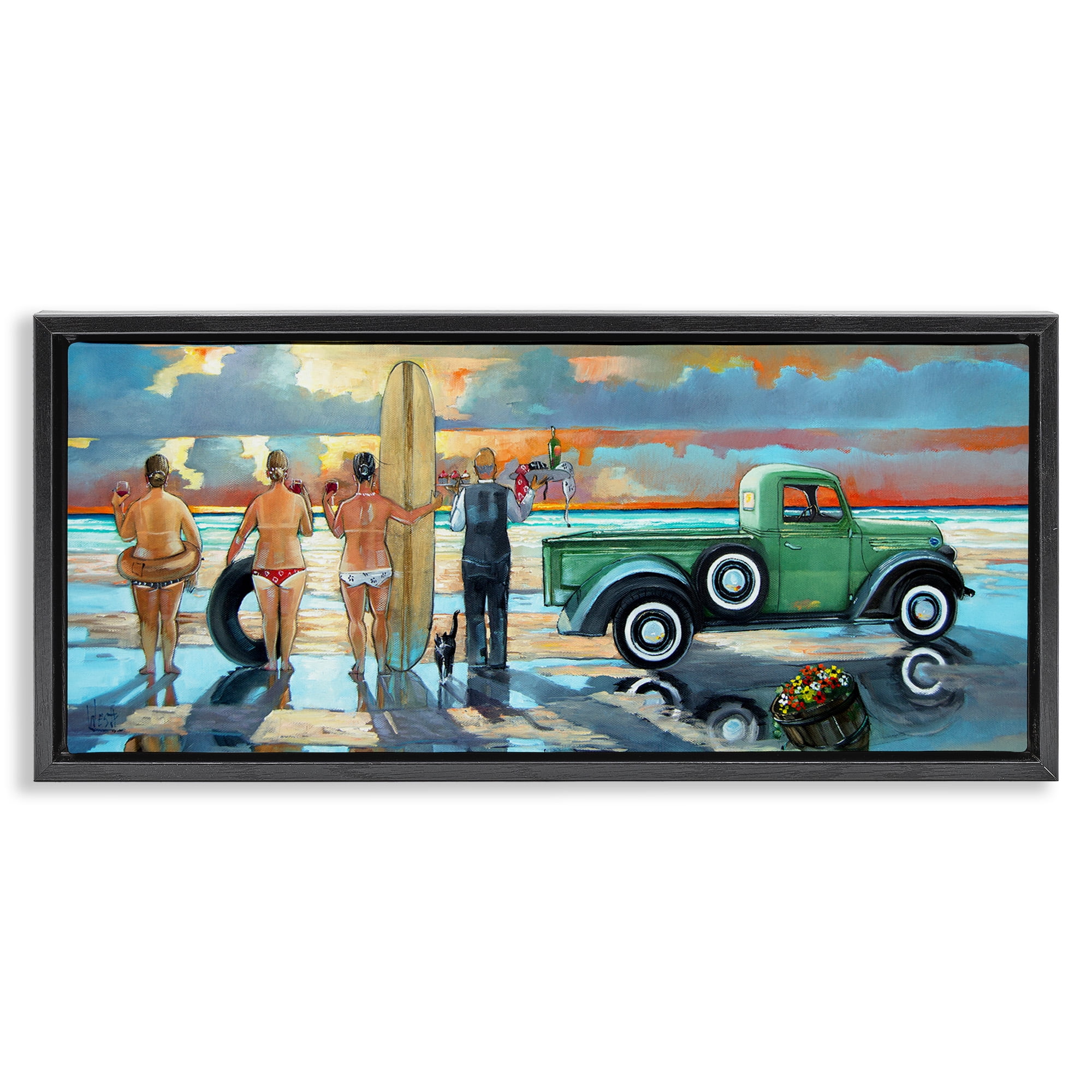 Stupell Industries Butler Serving Beach Girls Scene Nature Painting Black Floater Framed Canvas Art Print Wall Art, 25 x 11