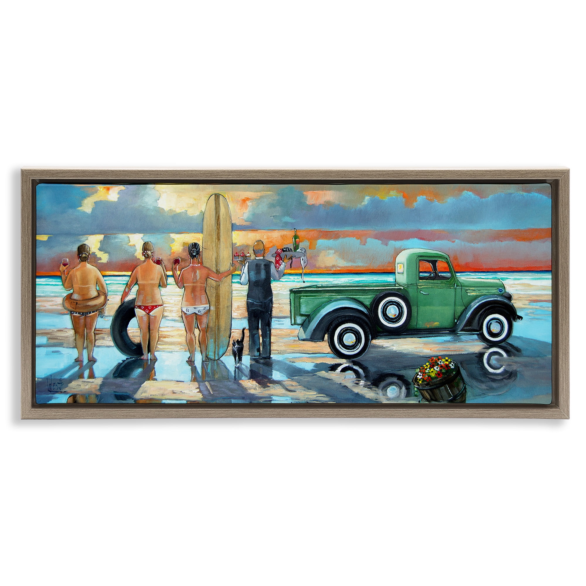 Stupell Industries Butler Serving Beach Girls Scene Nature Painting Brown Floater Framed Canvas Art Print Wall Art, 25 x 11