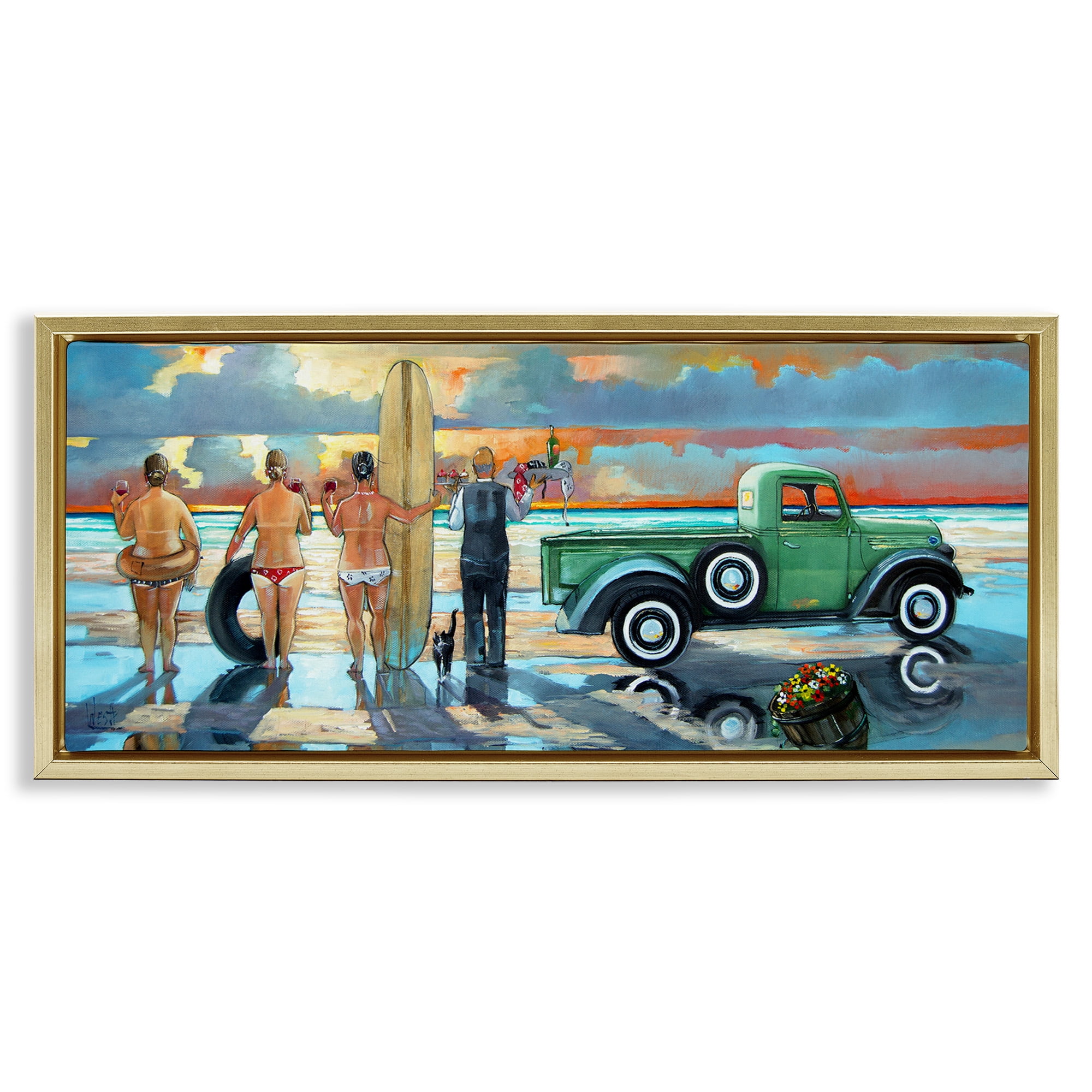 Stupell Industries Butler Serving Beach Girls Scene Nature Painting Gold Floater Framed Canvas Art Print Wall Art, 31 x 14