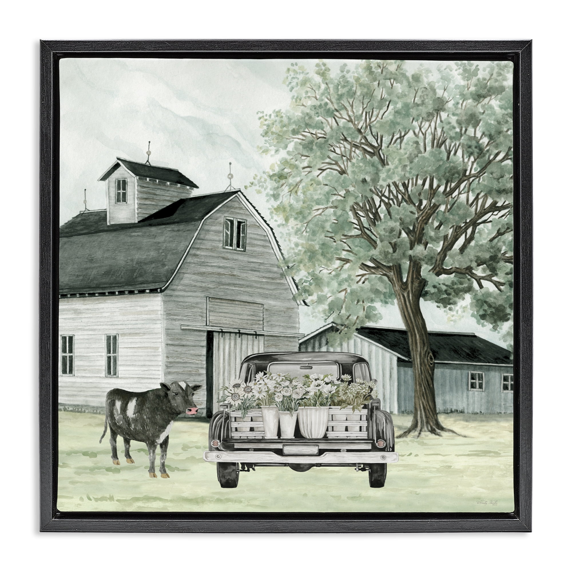 Stupell Industries Buttercup's Flowers on Farm Black Framed Floater Canvas Wall Art, design by Cindy Jacobs