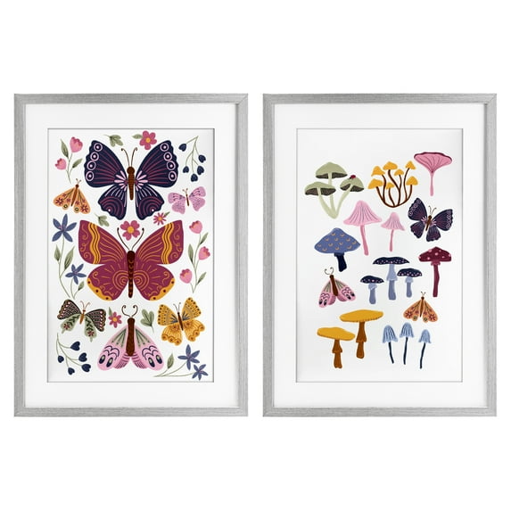 Stupell Industries Butterflies & Delicate Mushrooms 2 Piece Gray Framed Print Under Glass Set design by JJ Design House LLC, 20 x 14