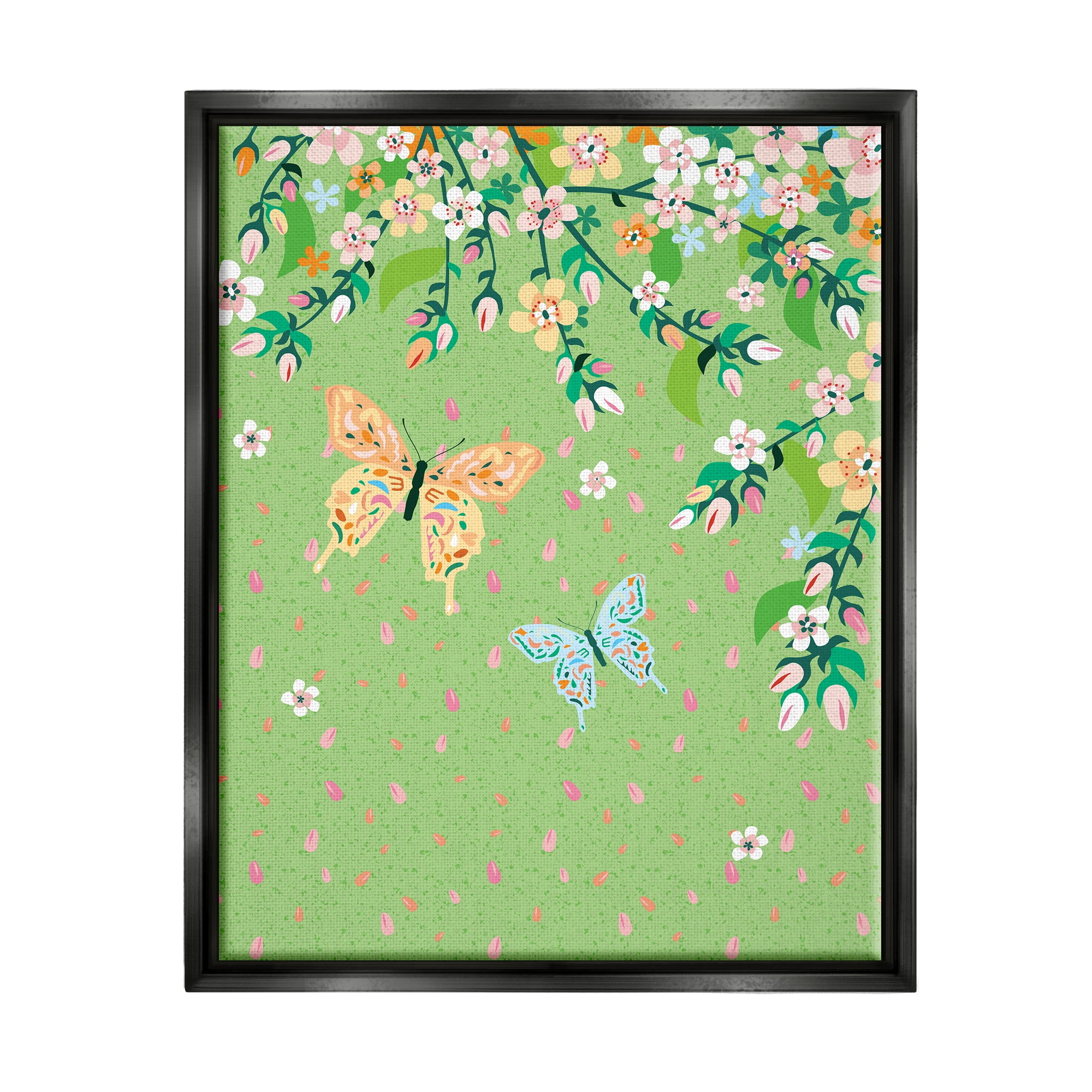 Stupell Industries Butterflies & Falling Petals Animals & Insects Painting Black Floater Framed Canvas Art Print Wall Art, 17 x 21