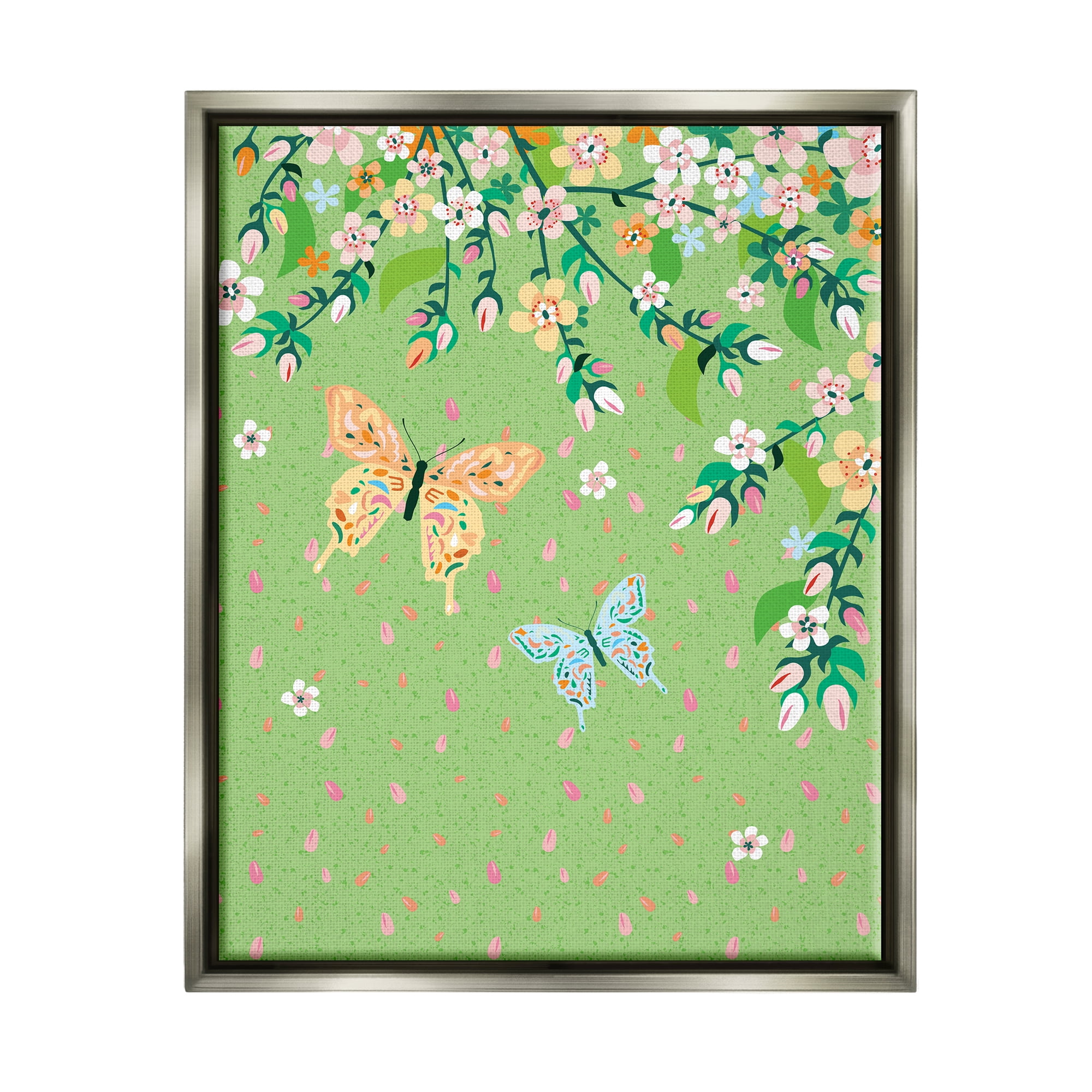 Stupell Industries Butterflies & Falling Petals Animals & Insects Painting Gray Floater Framed Canvas Art Print Wall Art, 17 x 21