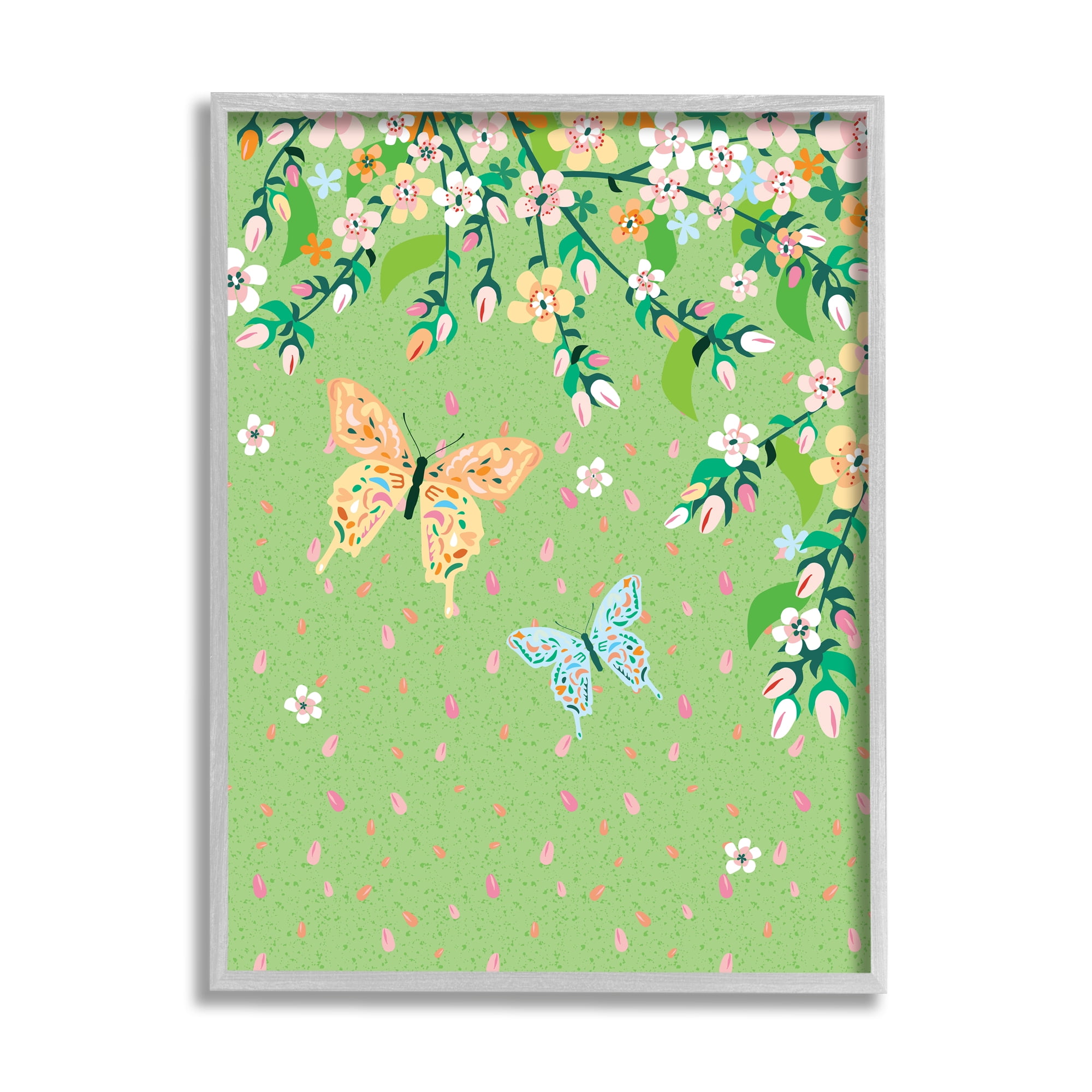 Stupell Industries Butterflies & Falling Petals Animals & Insects Painting Gray Framed Art Print Wall Art, 24 x 30