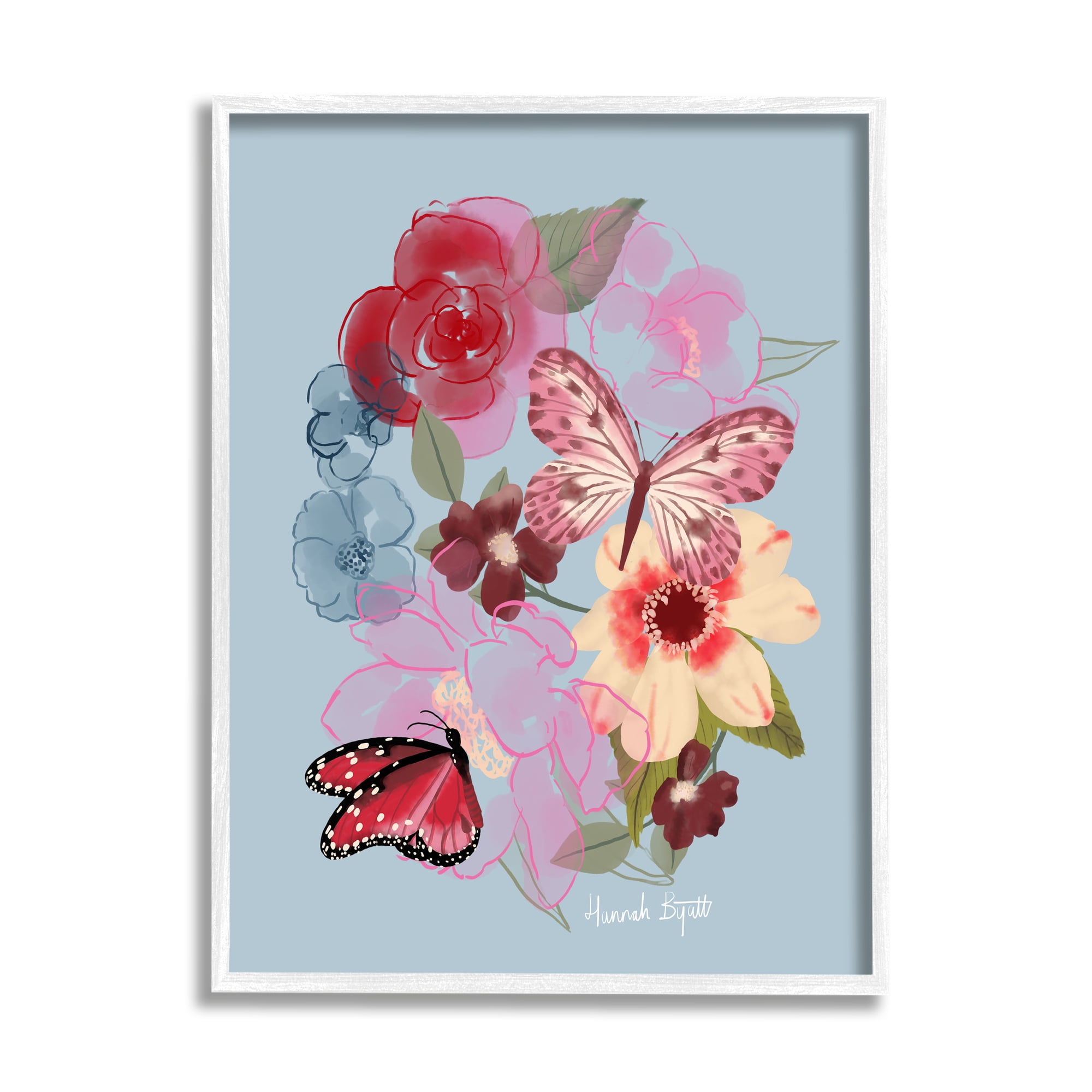 White Framed Botanical Butterflies and Florals Giclee Art