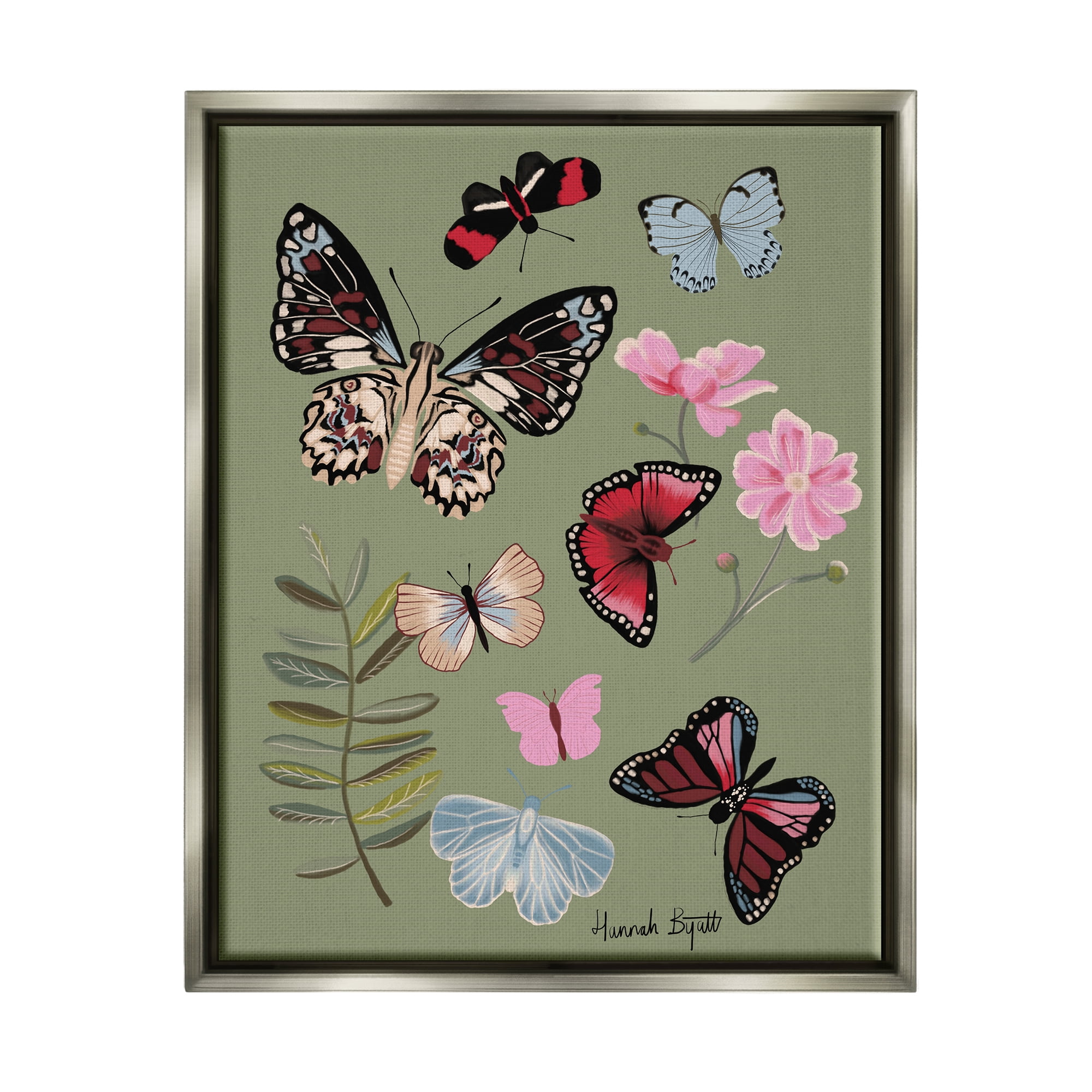 Stupell Industries Butterflies & Woodland Herbs Animals & Insects Painting Gray Floater Framed Art Print Wall Art, 17 x 21