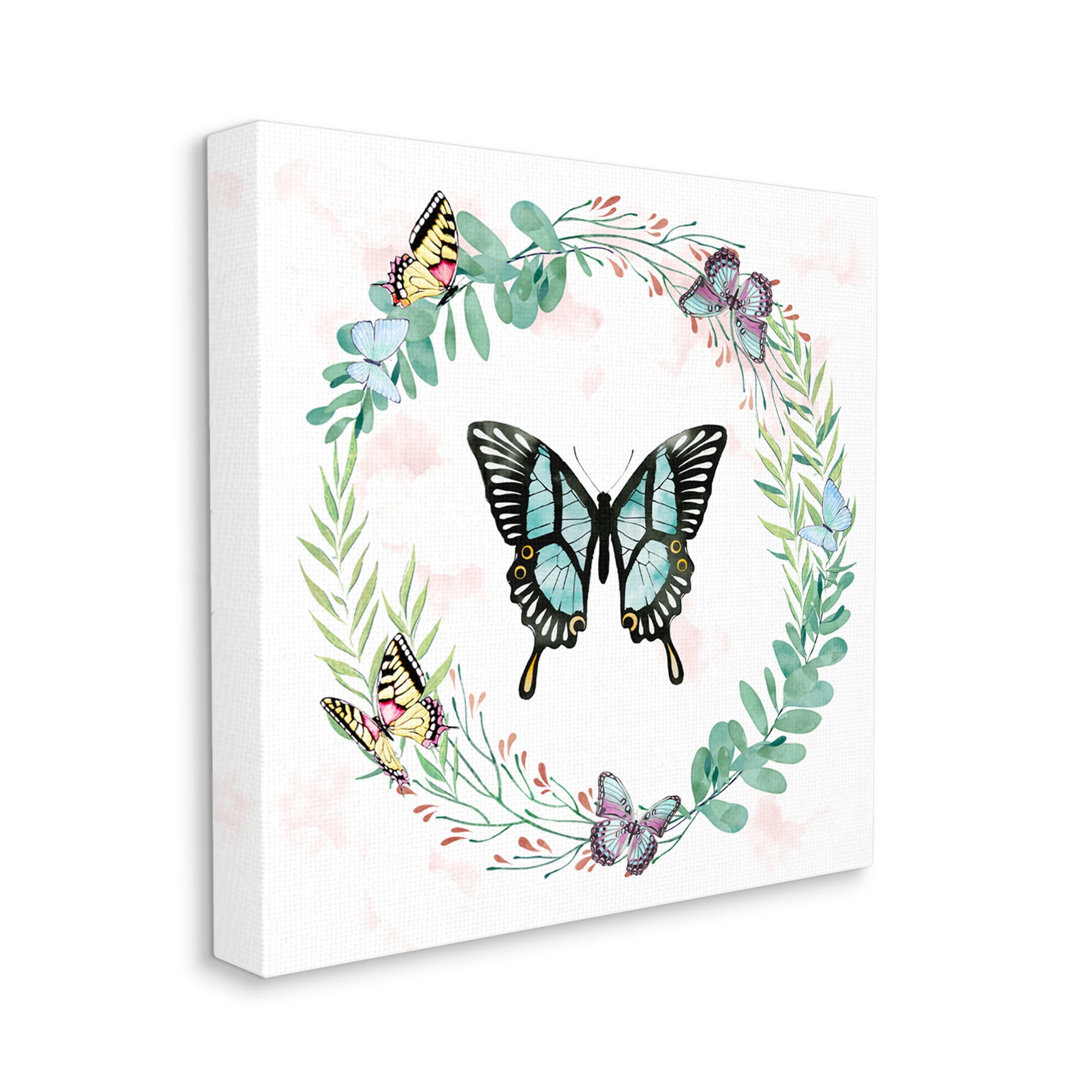 Stupell Industries Butterflies in Spring Botanical Wreathe Soft Green Animals & Insects Painting Gallery Wrapped Canvas Print Wall Art, 36 x 36