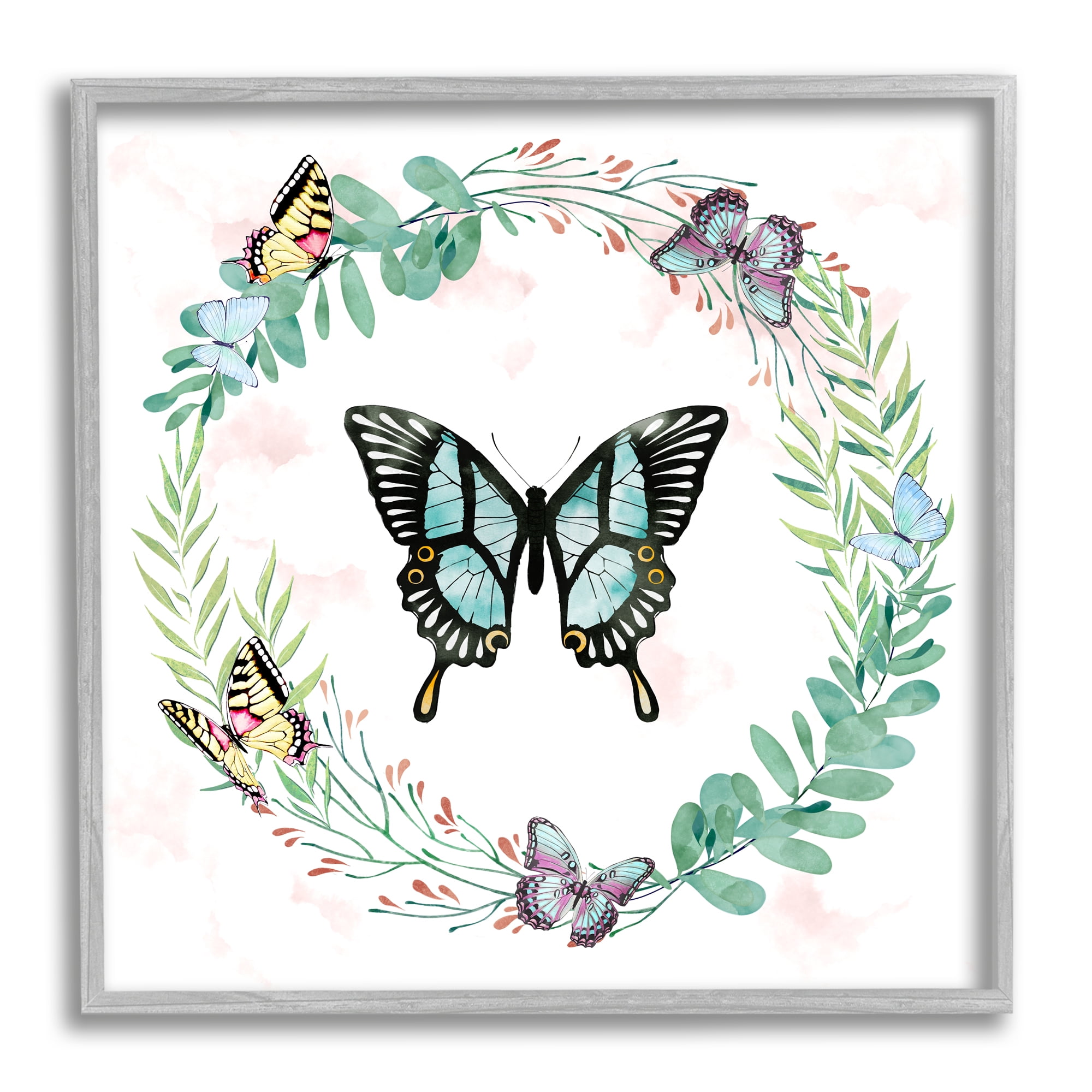 Stupell Industries Butterflies in Spring Botanical Wreathe Soft Green Animals & Insects Painting Gray Framed Art Print Wall Art, 24 x 24