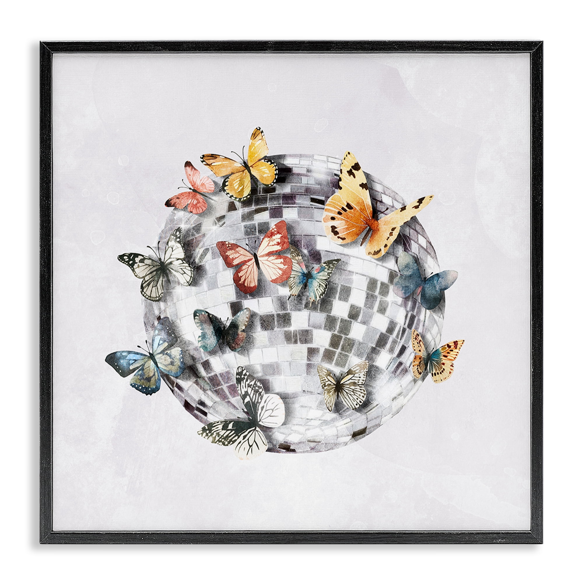 Stupell Industries Butterflies on Disco Ball Insects Painting Black Framed Art Print Wall Art, 24 x 24