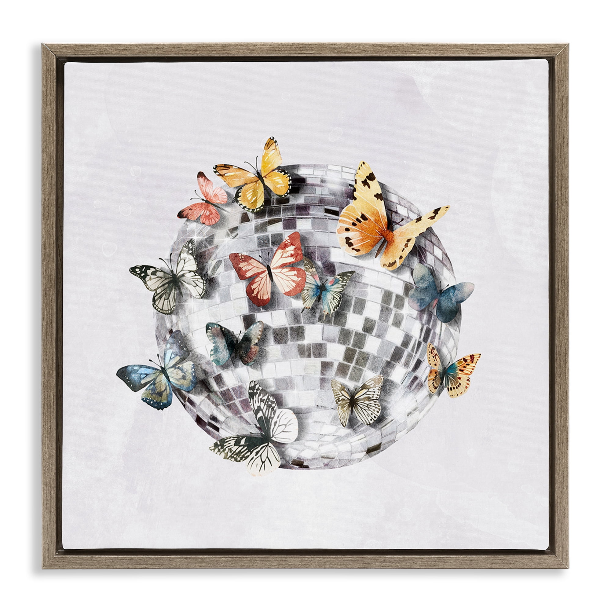Stupell Industries Butterflies on Disco Ball Insects Painting Brown Floater Framed Canvas Art Print Wall Art, 25 x 25