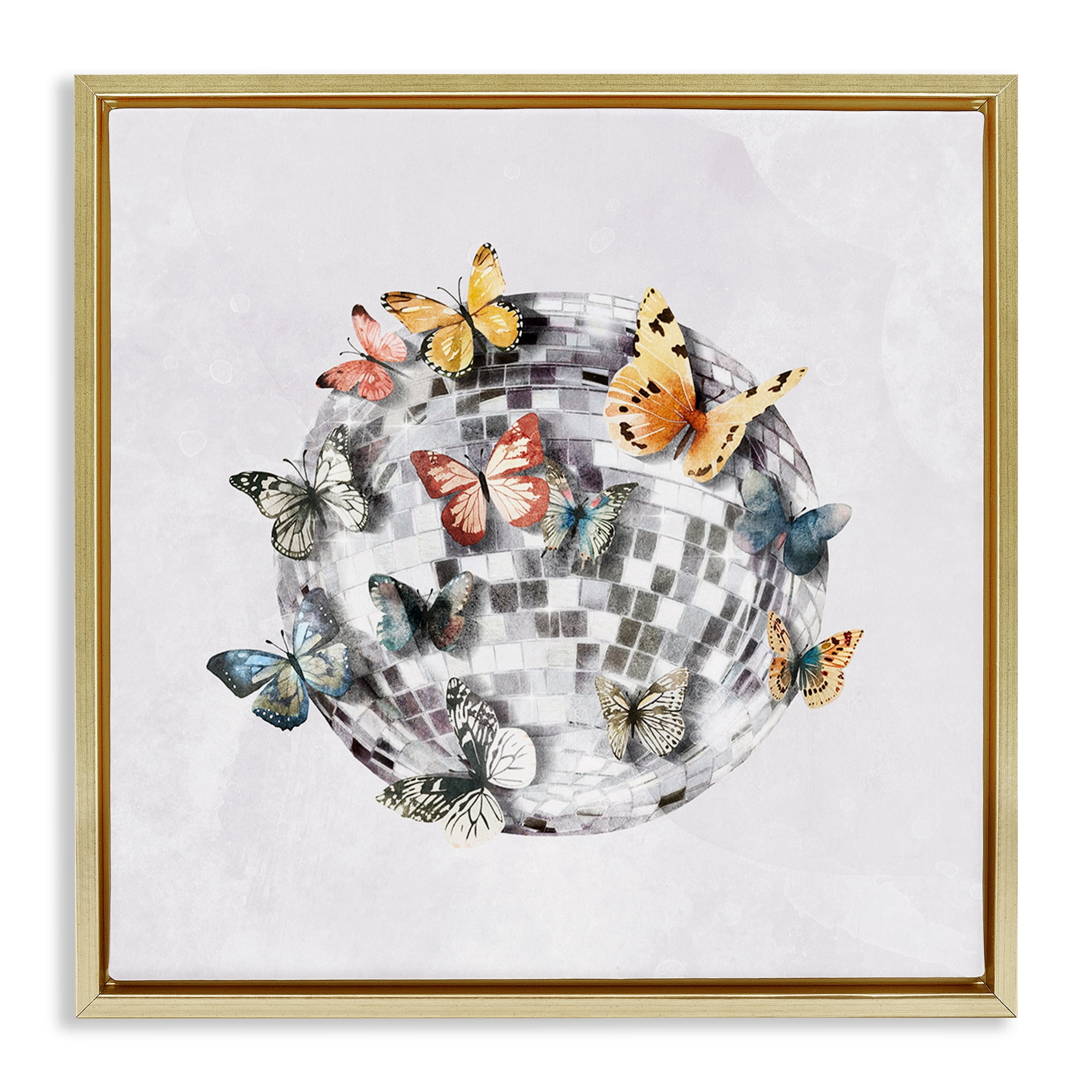 Stupell Industries Butterflies on Disco Ball Insects Painting Gold Floater Framed Canvas Art Print Wall Art, 18 x 18