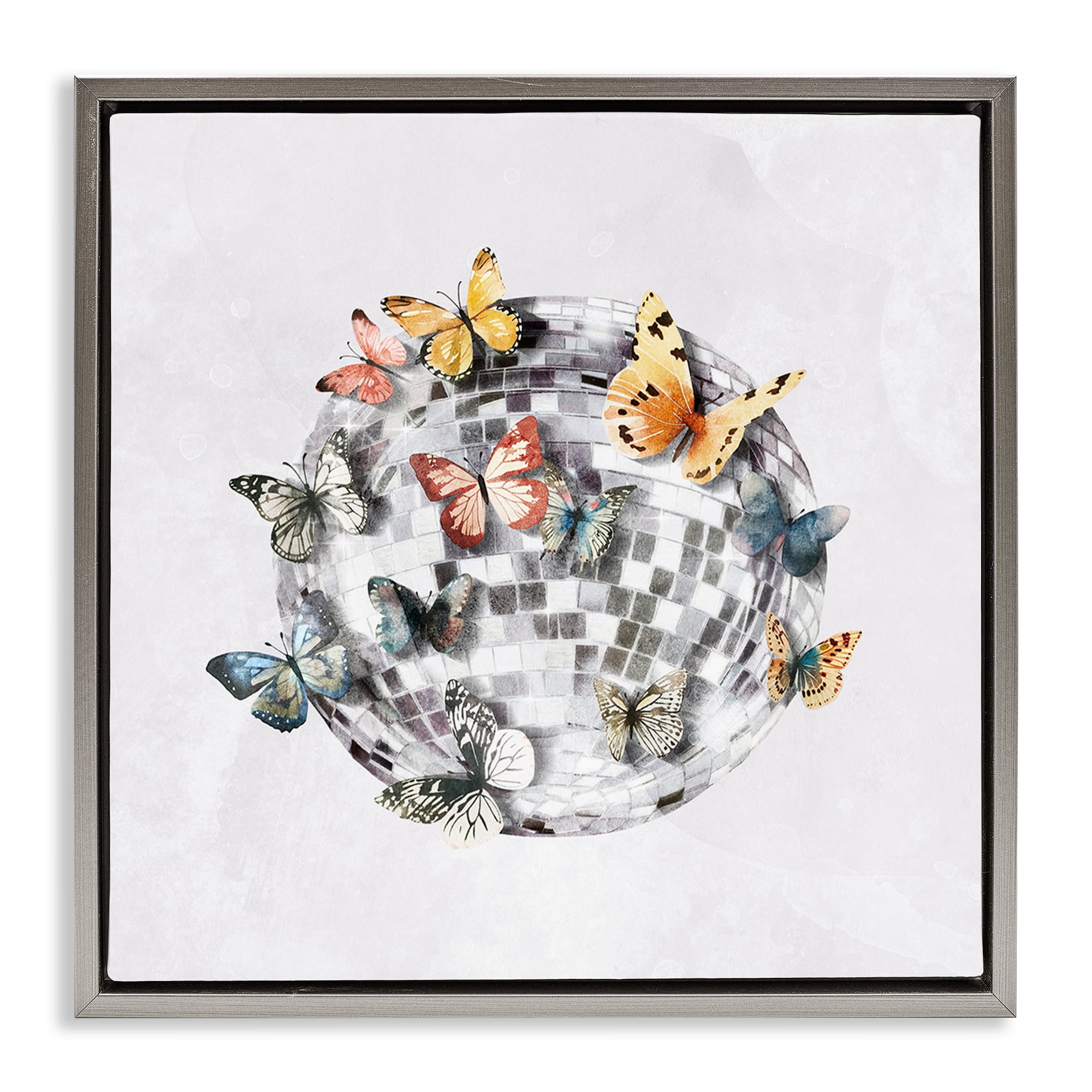 Stupell Industries Butterflies on Disco Ball Insects Painting Gray Floater Framed Canvas Art Print Wall Art, 25 x 25