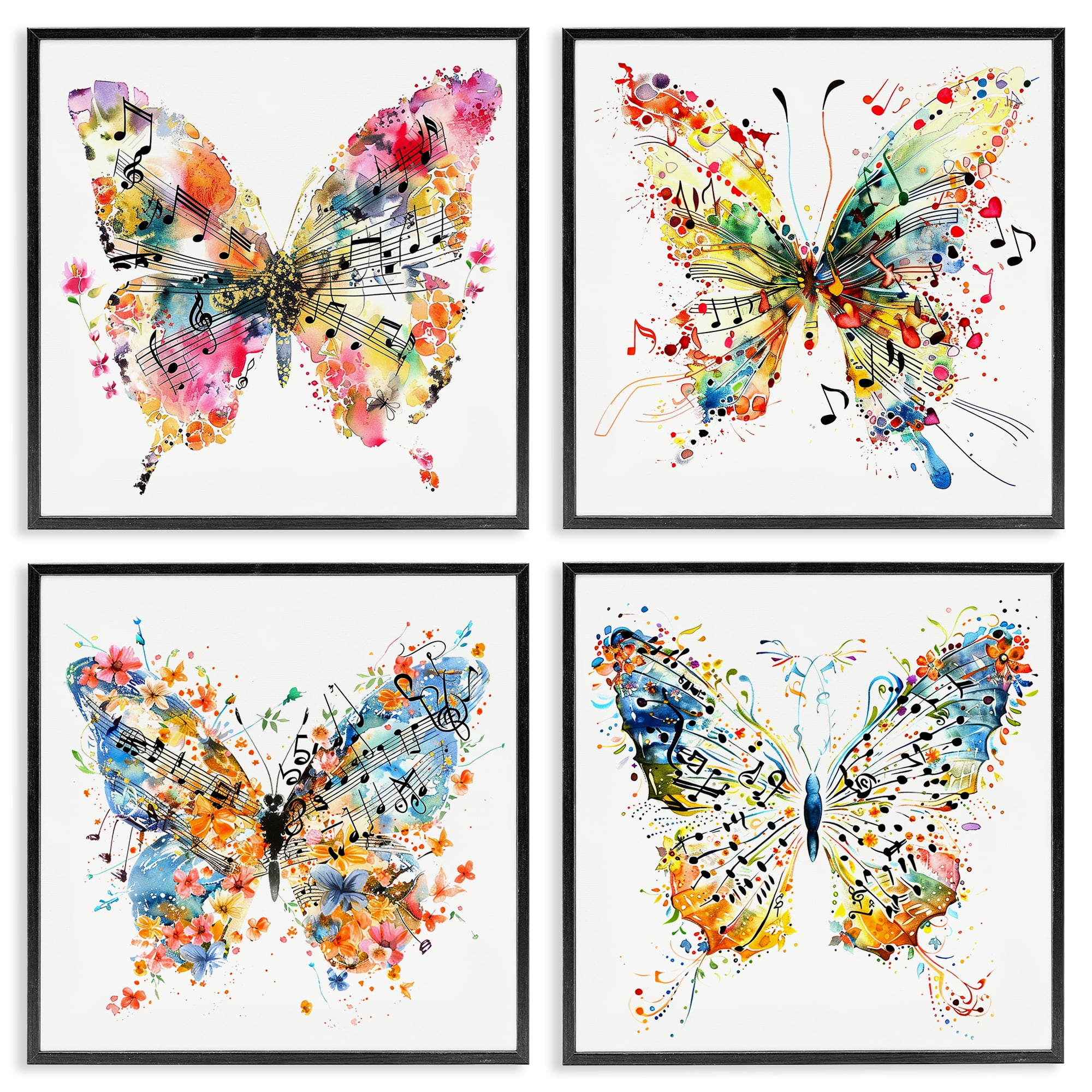 Stupell Industries Butterflies with Music Notes Insects Painting Black Framed Art Print Wall Art, 12 x 12, Set of 4