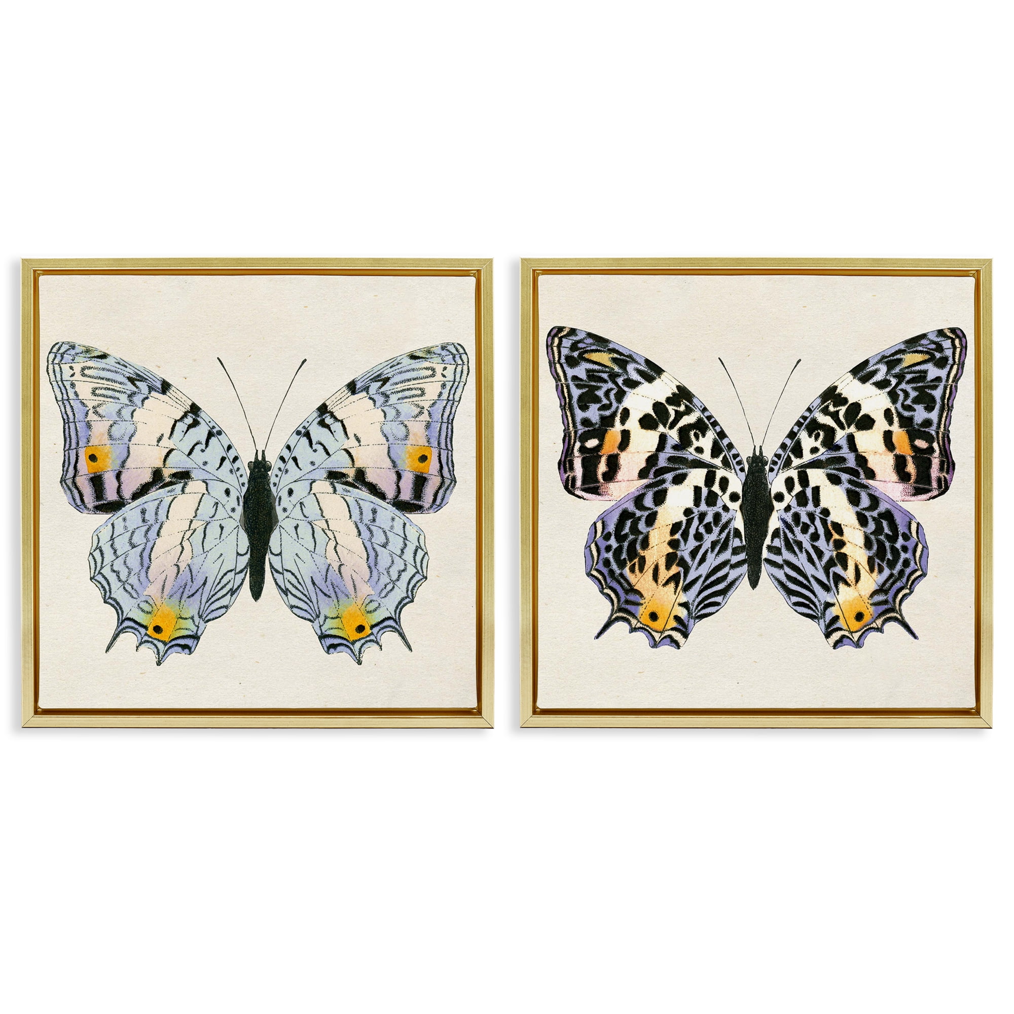 Stupell Industries Butterflies with Yellow Details Insects Painting Gold Floater Framed Canvas Art Print Wall Art, 18 x 18, Set of 2