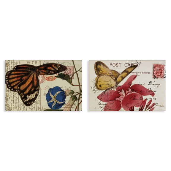 Stupell Industries Butterfly Accented Postcards Insects Painting Wrapped Canvas Art Print Wall Art, 24 x 16, Set of 2