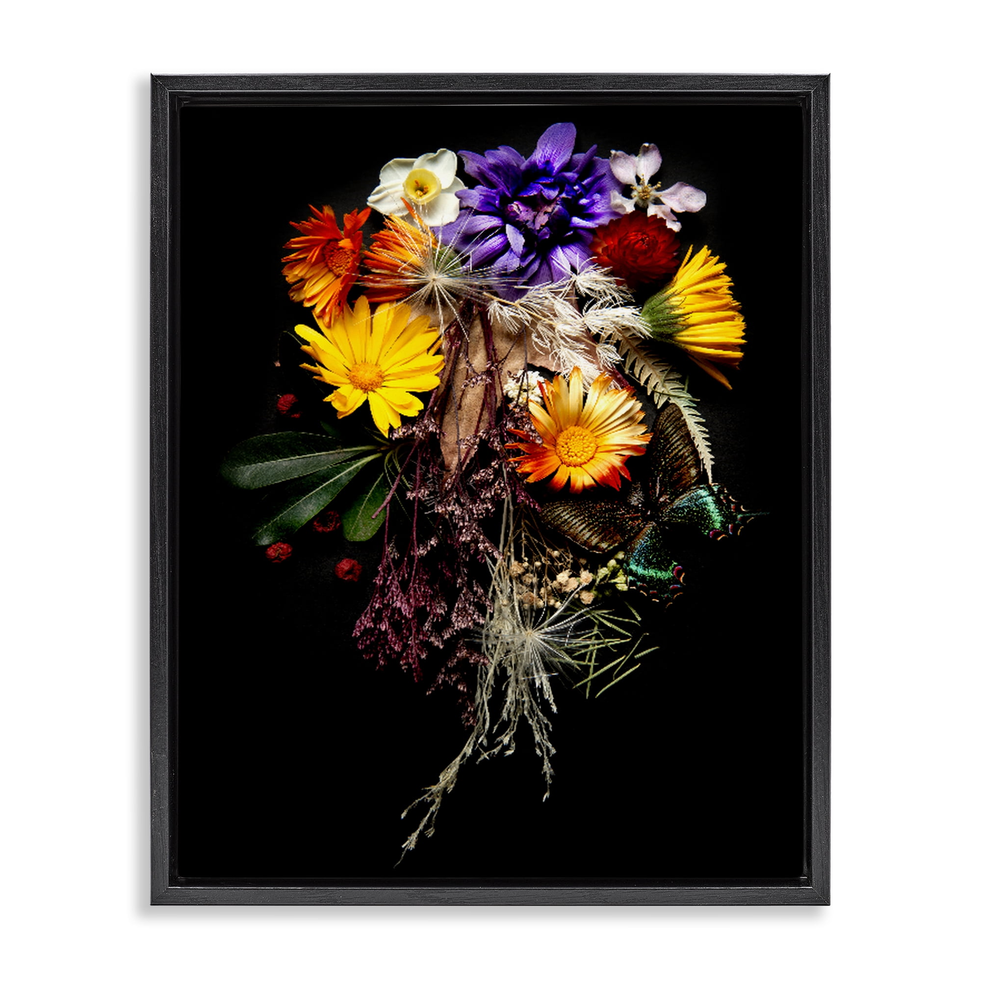 Stupell Industries Butterfly Adorned Arrangement Black Framed Floater Canvas Wall Art, design by Carl Kravats
